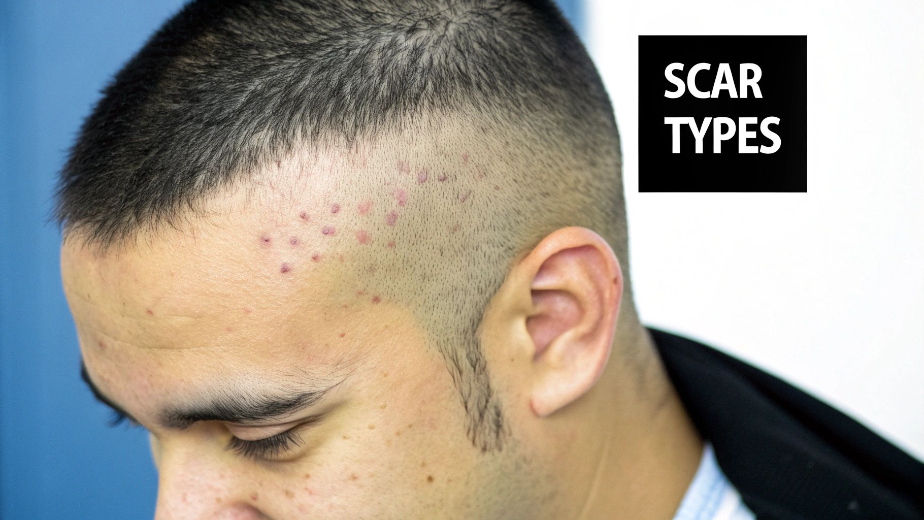 A close-up of a person's scalp, showing the subtle scarring that can result from a hair transplant.