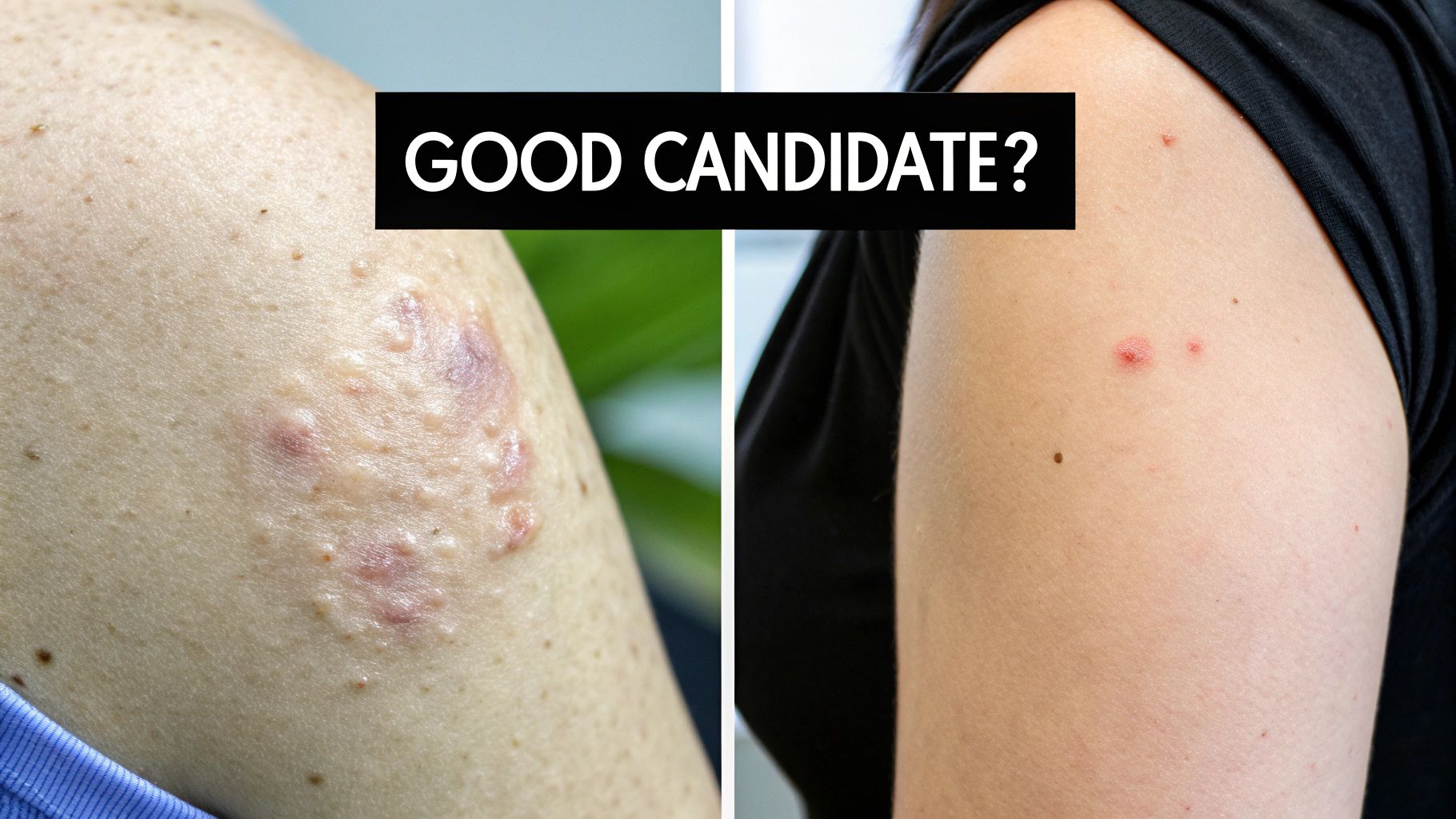 Split image contrasting a significant raised scar with minor skin blemishes, questioning suitability for treatment.