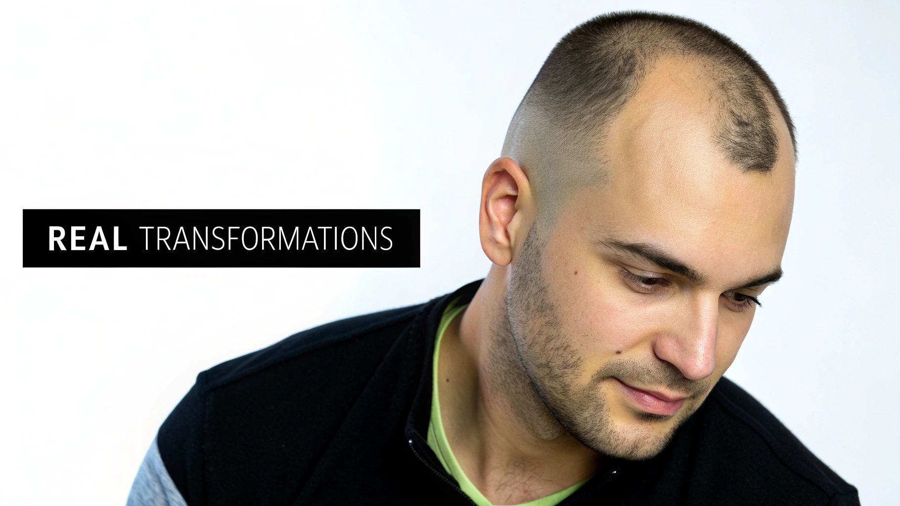 A man with a partially shaved head and beard looking down, with 'REAL TRANSFORMATIONS' text.