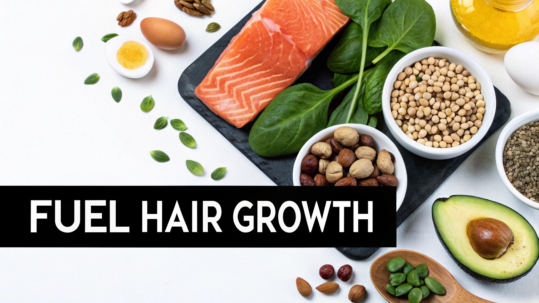 A flat lay of nutrient-rich foods like salmon, spinach, eggs, nuts, and avocado, promoting hair growth.