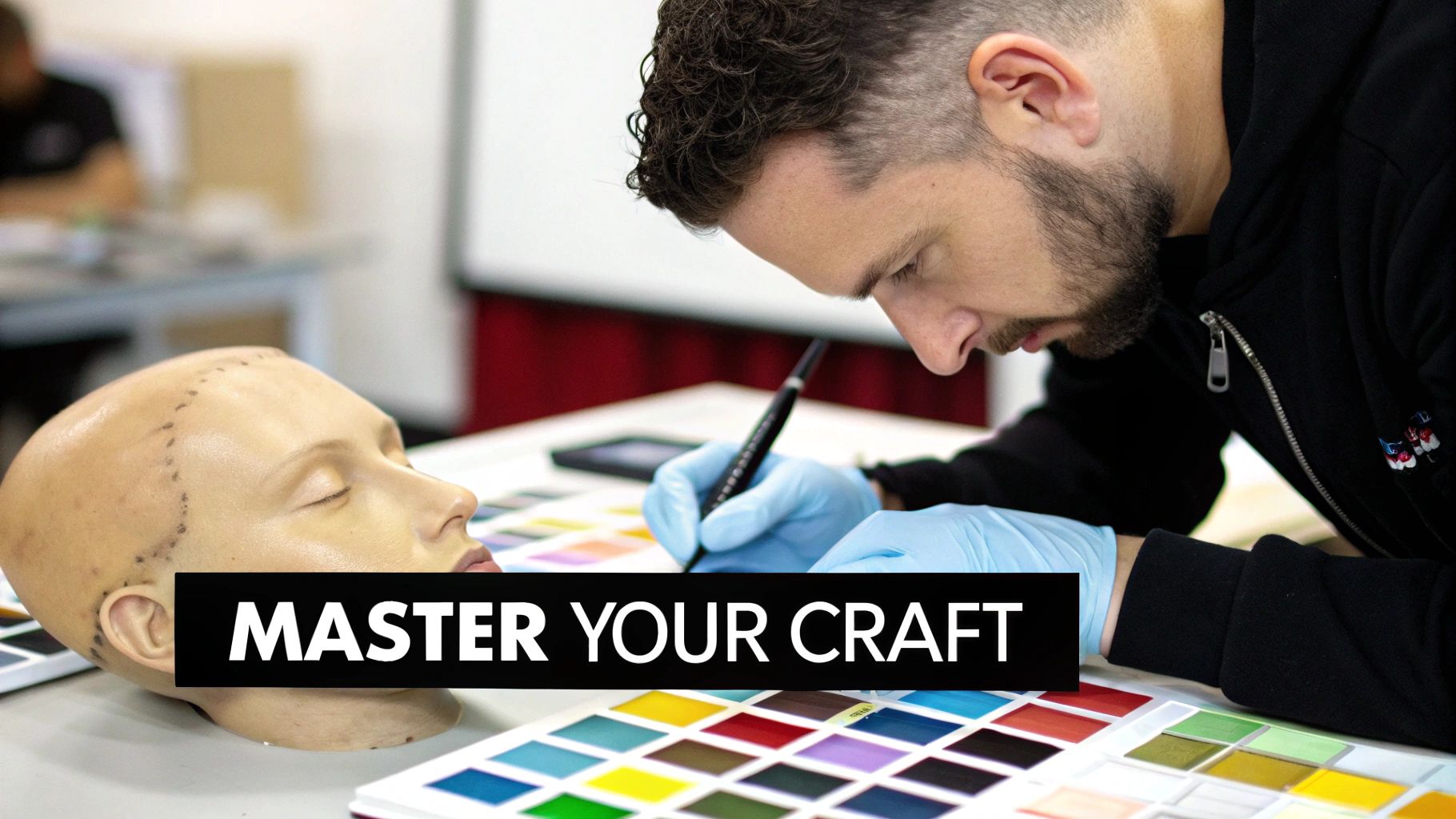 A person wearing gloves meticulously works on a head mannequin, surrounded by color swatches.