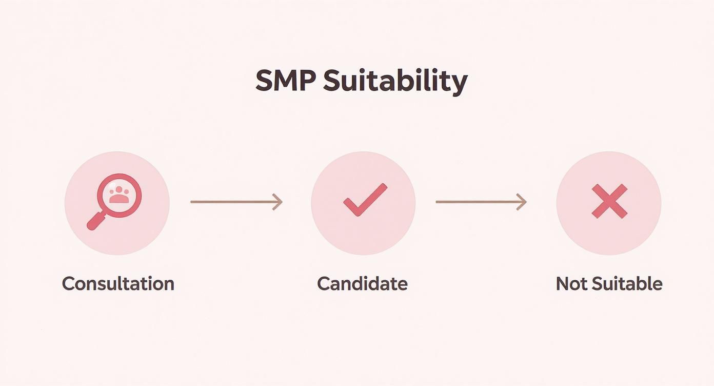 A flowchart showing the SMP suitability process with steps: Consultation, Candidate, and Not Suitable.