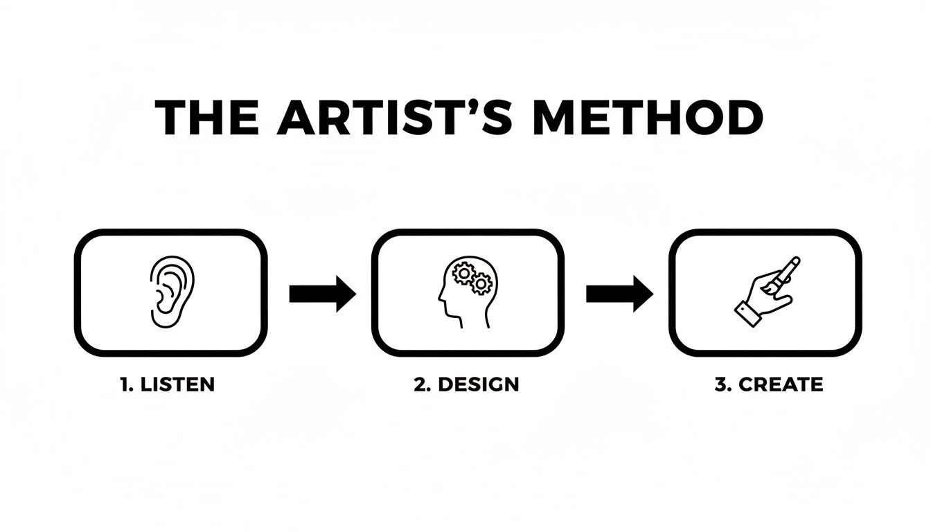 Flowchart illustrating 'The Artist's Method' with three steps: Listen, Design, and Create.