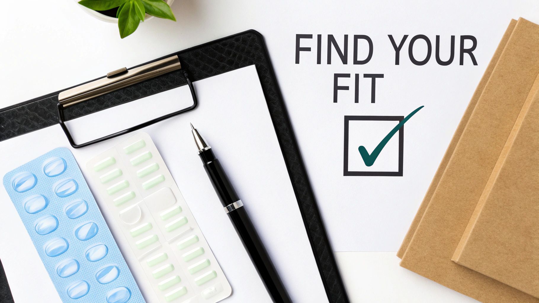 A flat lay showing a clipboard, pen, two blister packs of pills, and 'FIND YOUR FIT' text with a checkmark.