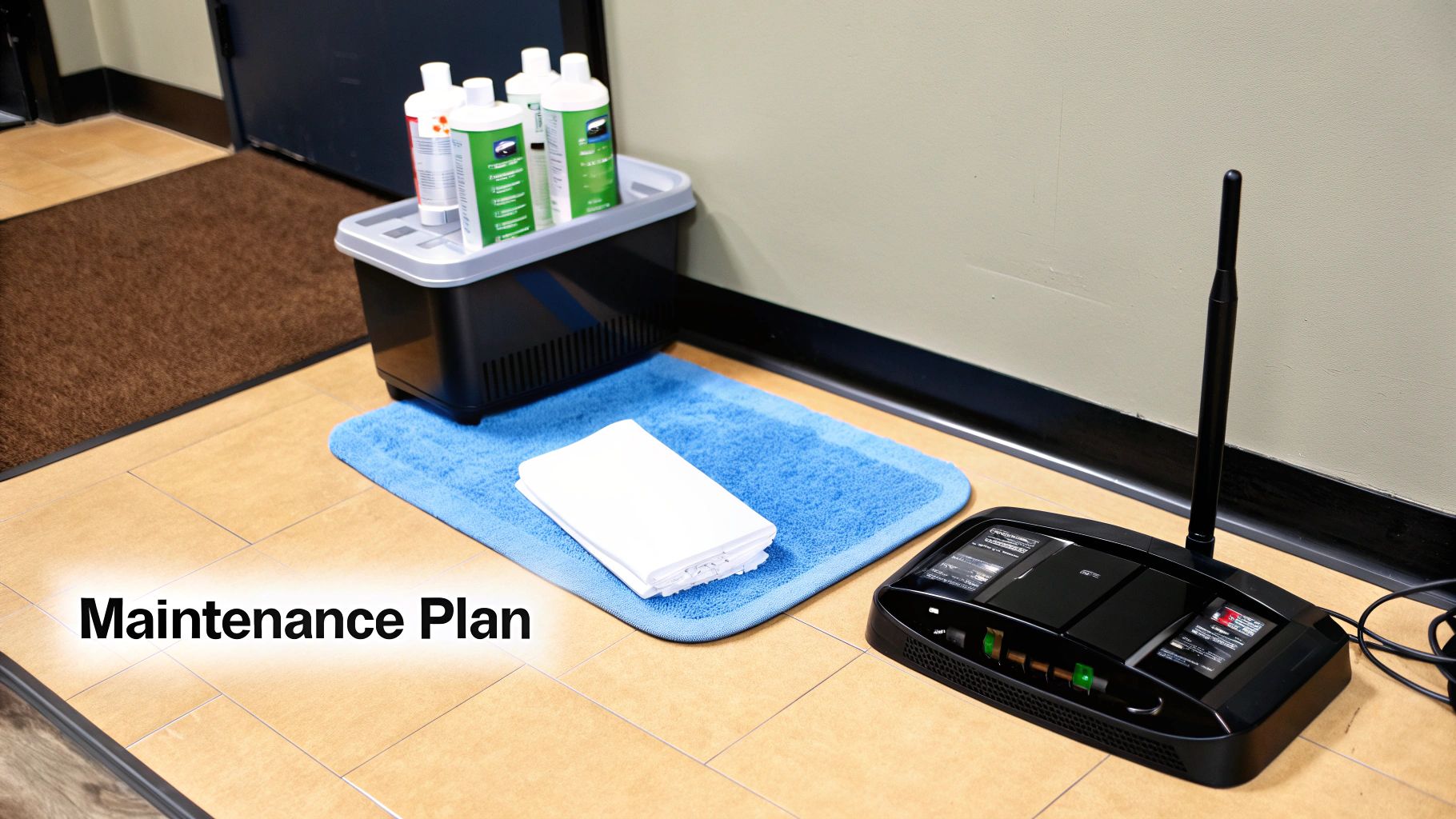 Cleaning supplies in a caddy, a blue mat with folded towels, and an electronic device on a tiled floor for a maintenance plan.