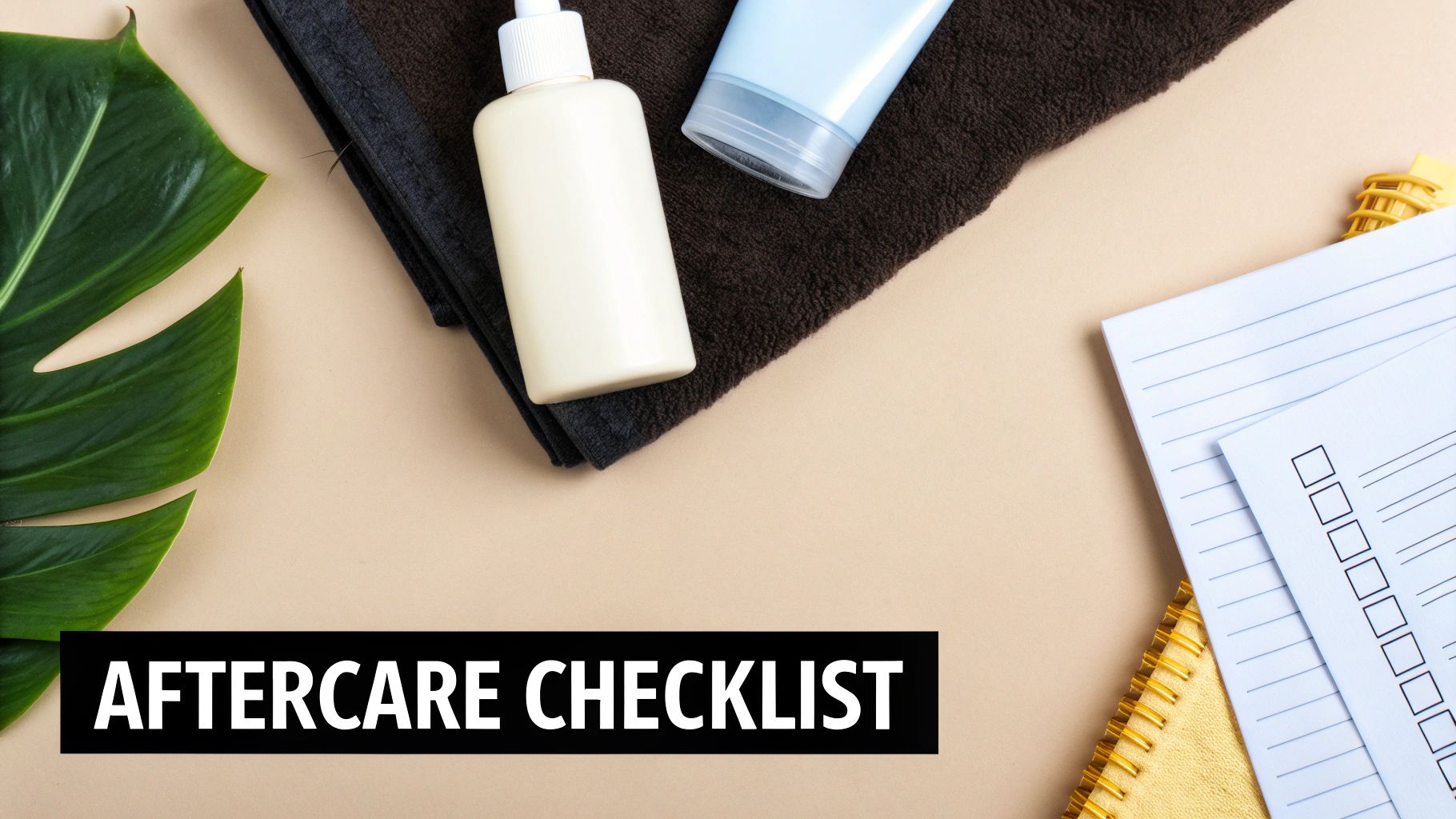 Overhead shot of skincare products, a tropical leaf, and a checklist notepad for aftercare.
