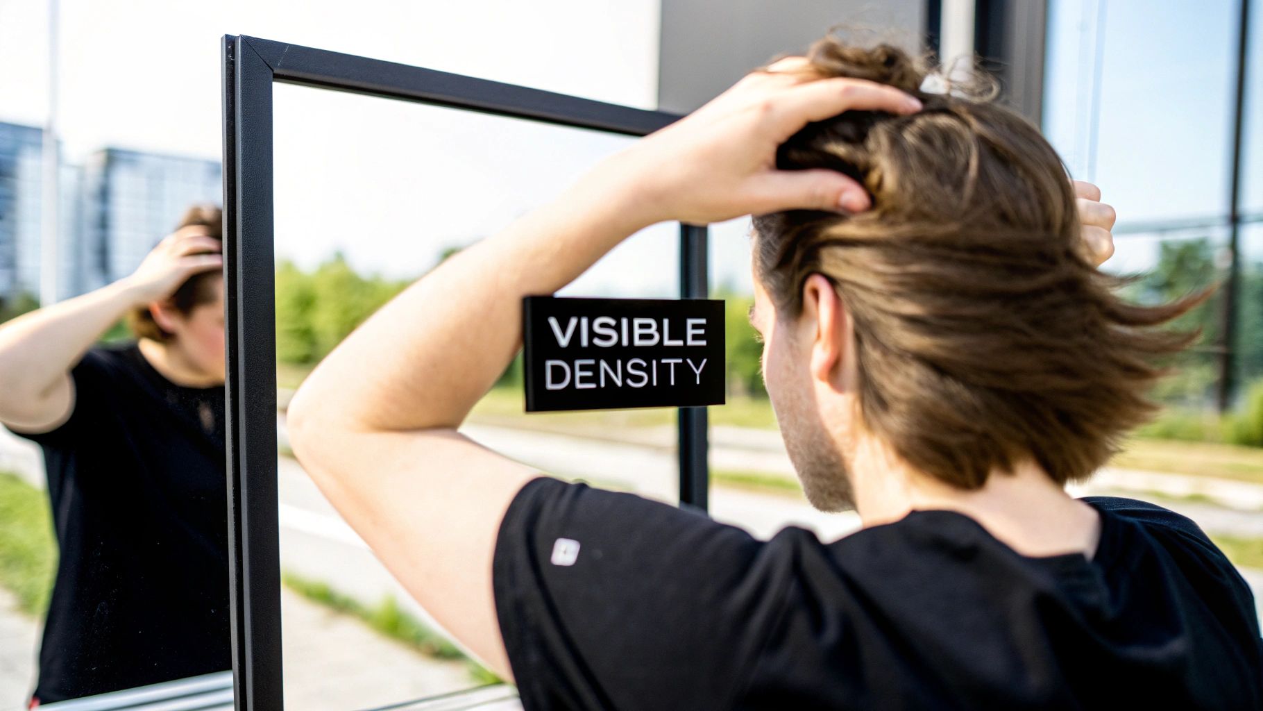 A person from behind examining their hair in a mirror, with a 'VISIBLE DENSITY' sign.