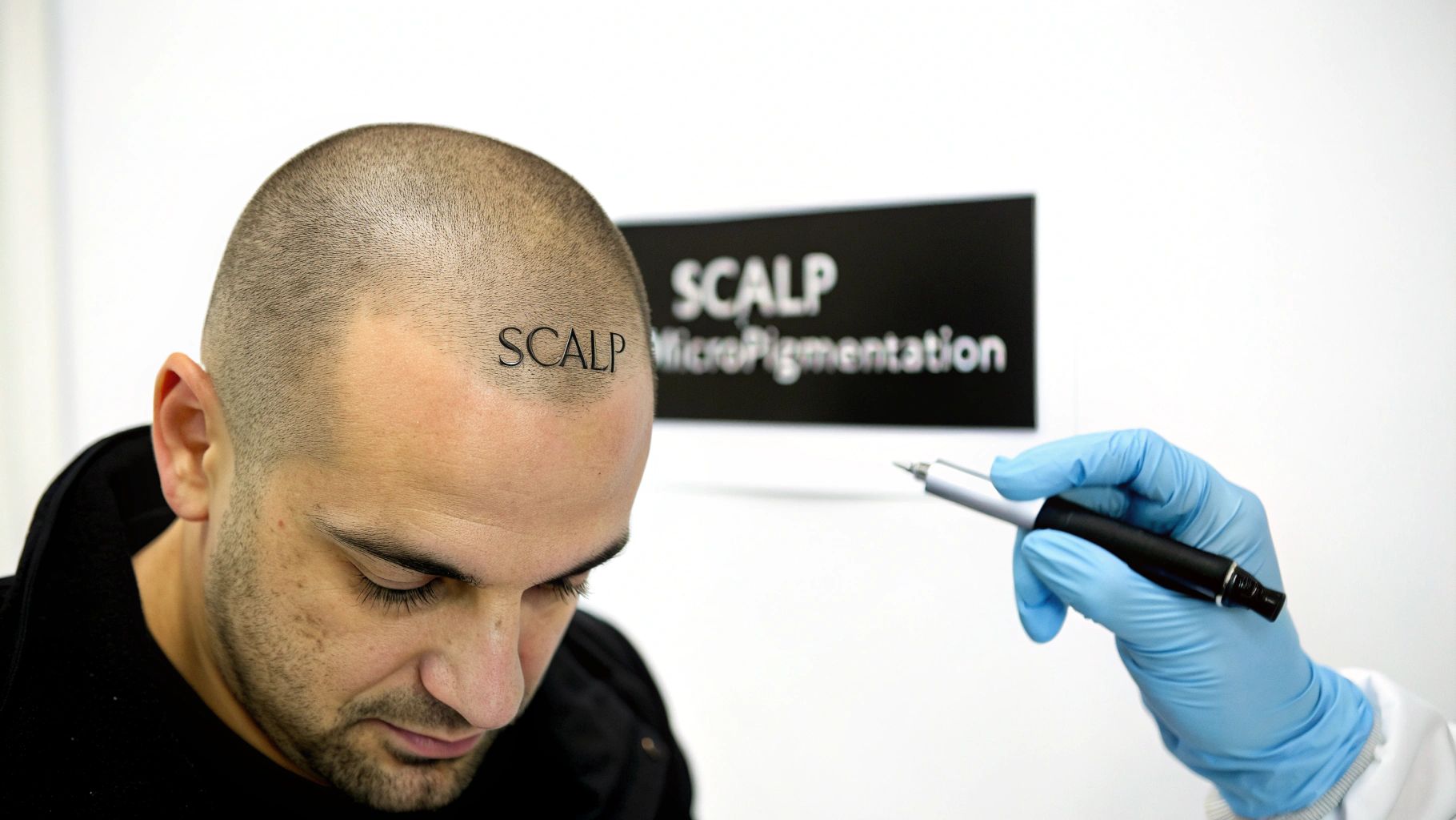 A man with shaved head is shown for scalp micropigmentation demonstration, with a treatment tool nearby.