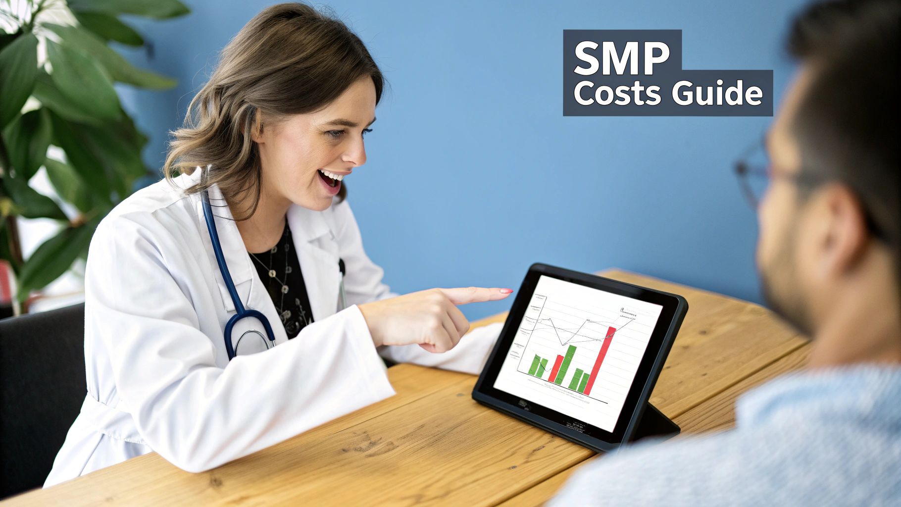 A smiling doctor in a white coat explains a cost analysis graph on a tablet to a patient.