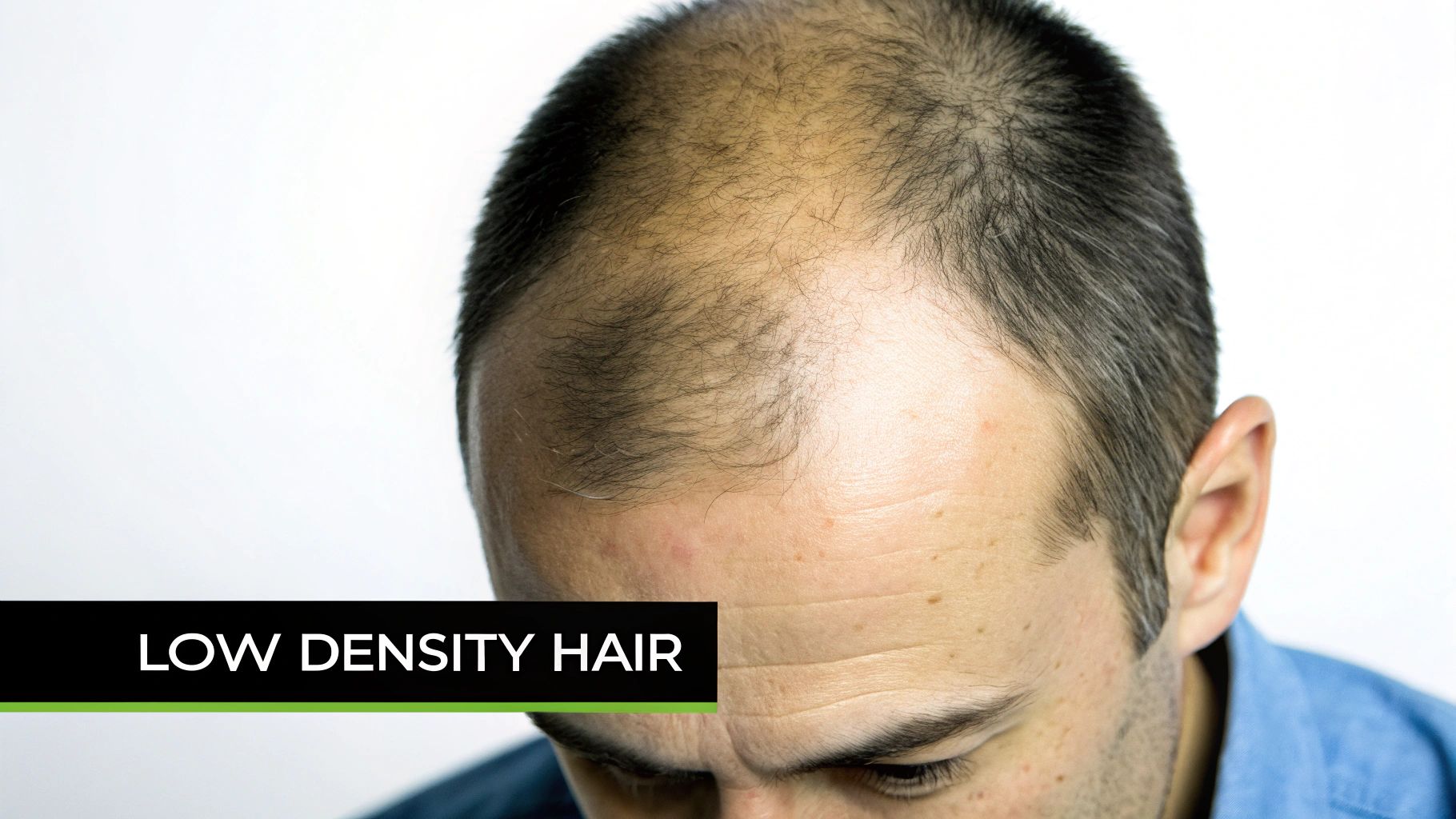 Close-up of a man's head from above, showing significant male pattern baldness and low-density hair.