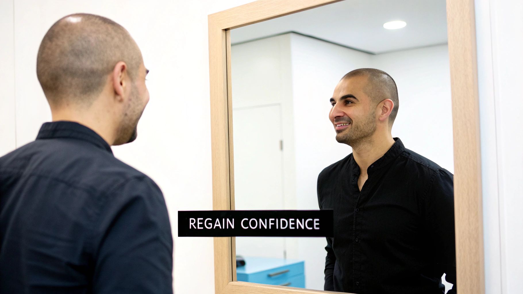 A man with a shaved head smiles confidently at his reflection in a mirror, with 'REGAIN CONFIDENCE' text.