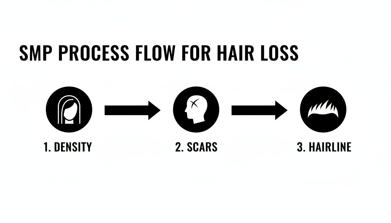 A flow chart illustrating the SMP process for hair loss, detailing steps for density, scars, and hairline.