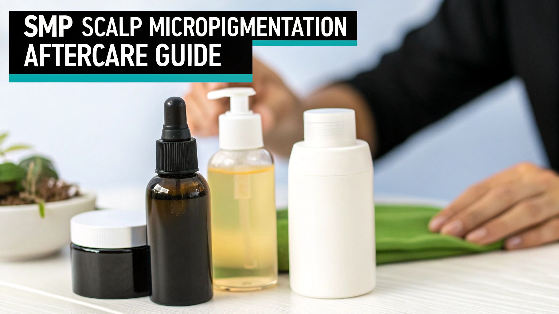 A display of various product bottles and jars for SMP scalp micropigmentation aftercare, with guide title.