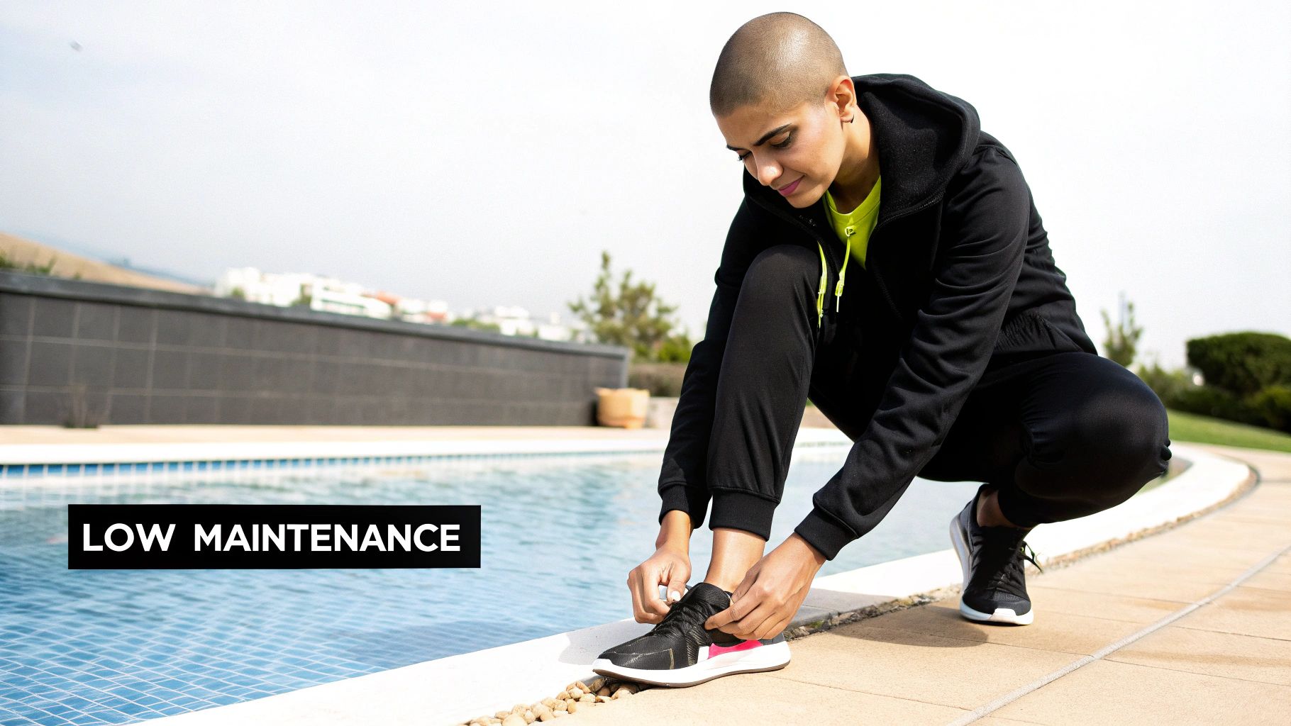 A person with a shaved head tying their black and pink athletic shoe by a swimming pool.