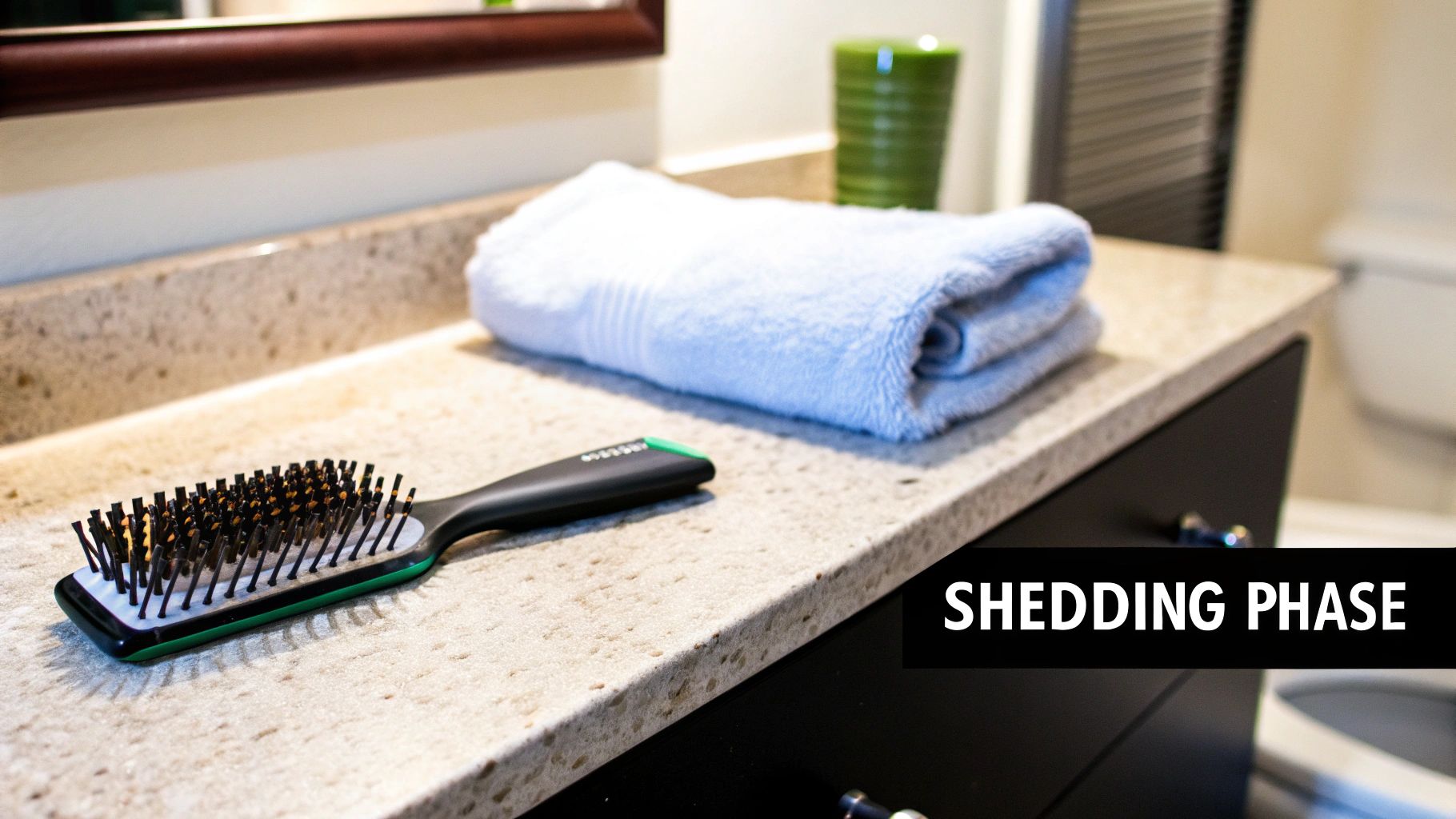 A black and green hairbrush and a folded blue towel on a light bathroom countertop, with text 'SHEDDING PHASE'.