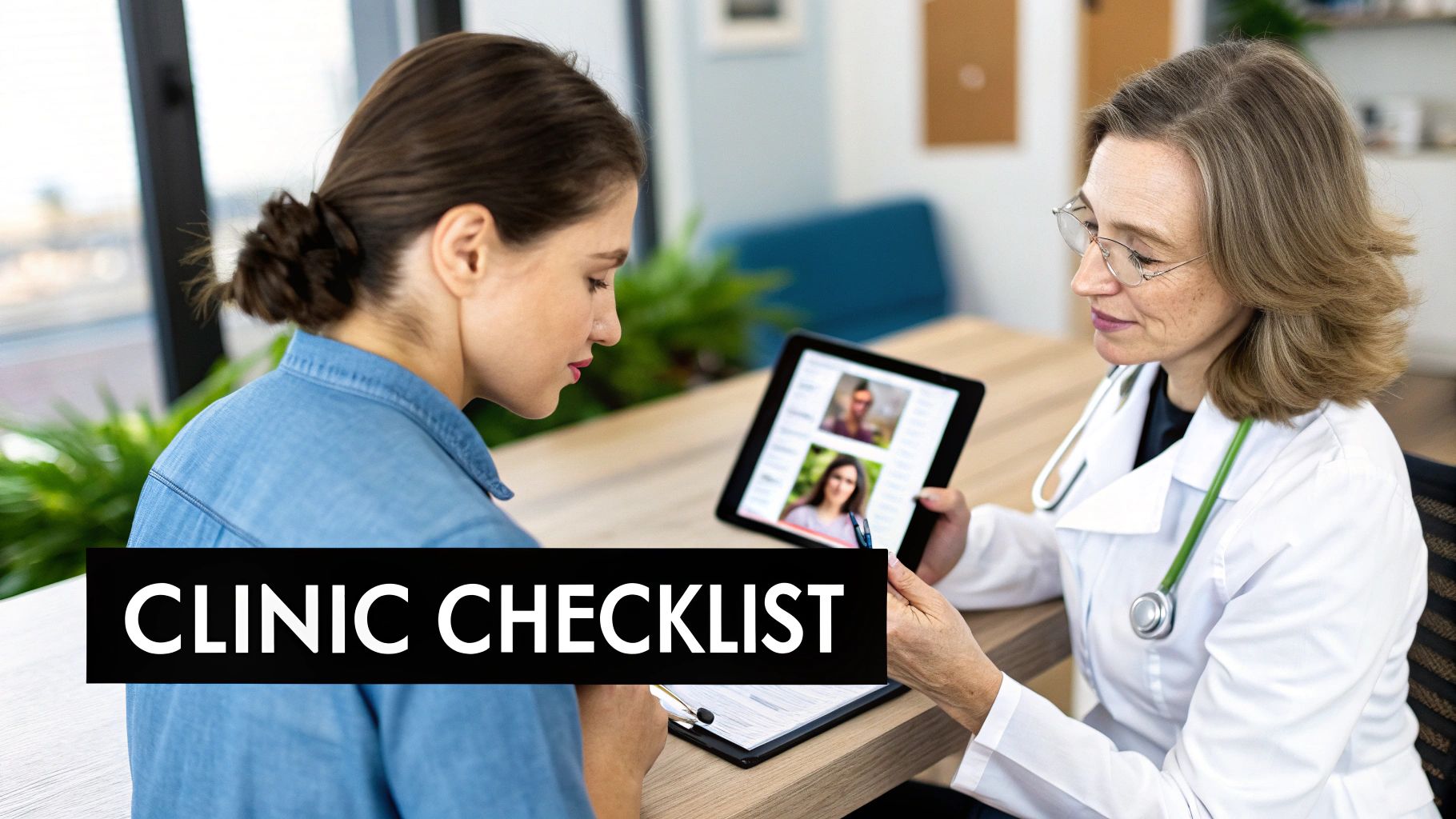 A doctor in a white coat shows patient digital records on a tablet during a clinic consultation.