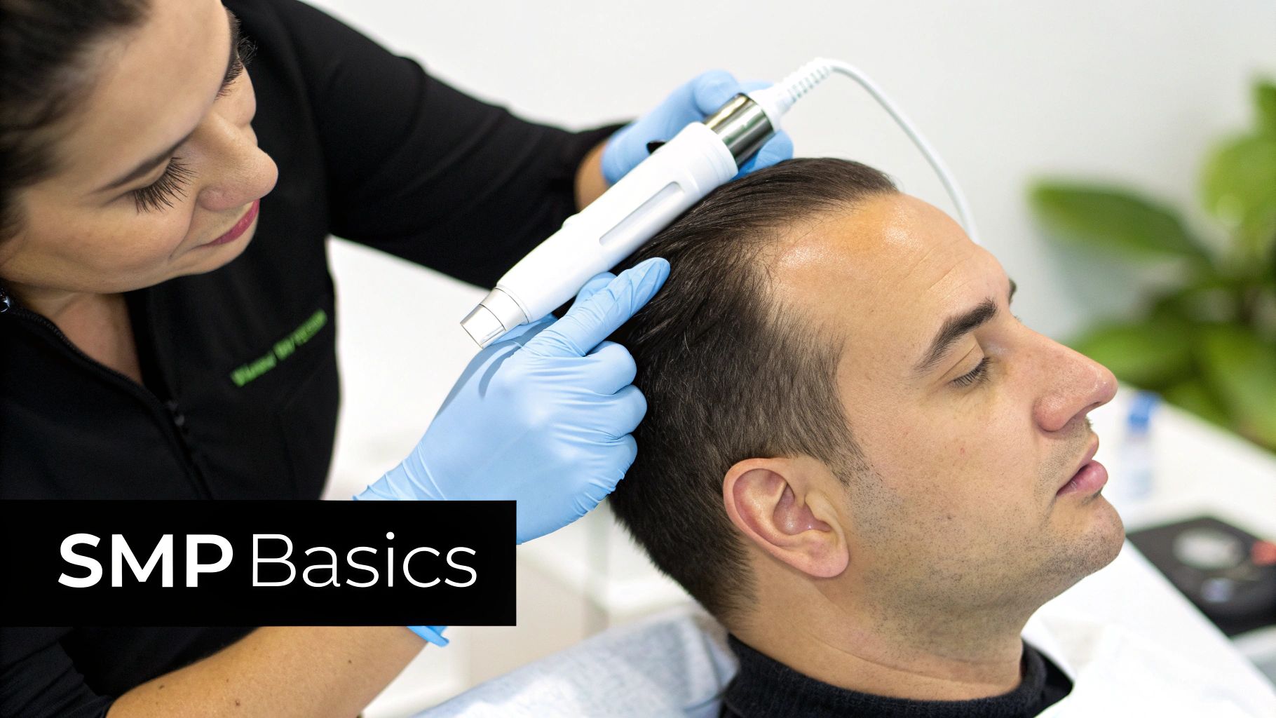 A practitioner performing scalp micropigmentation on a client's hairline.