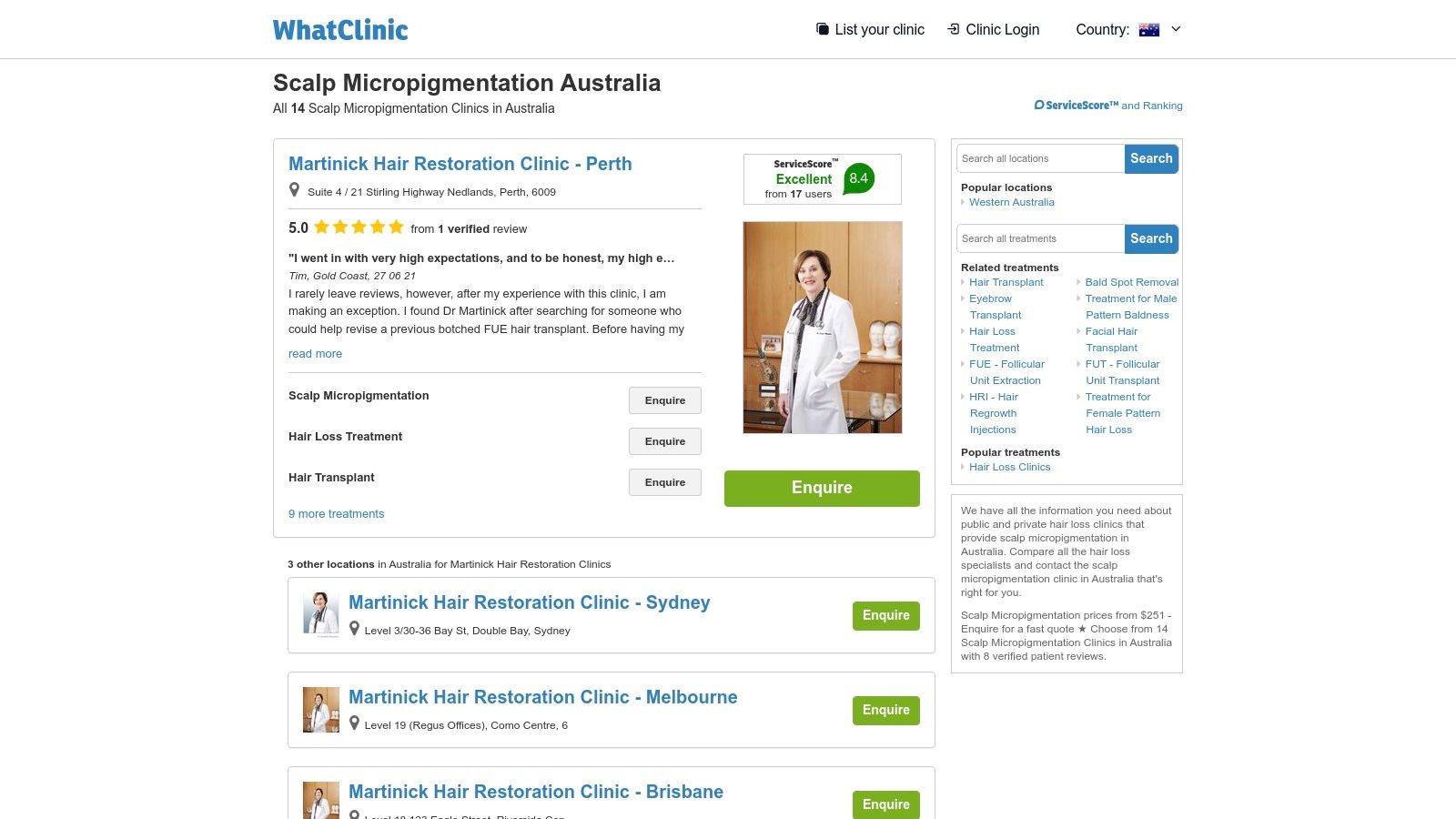 The clinic page for a scalp micropigmentation provider on WhatClinic's website