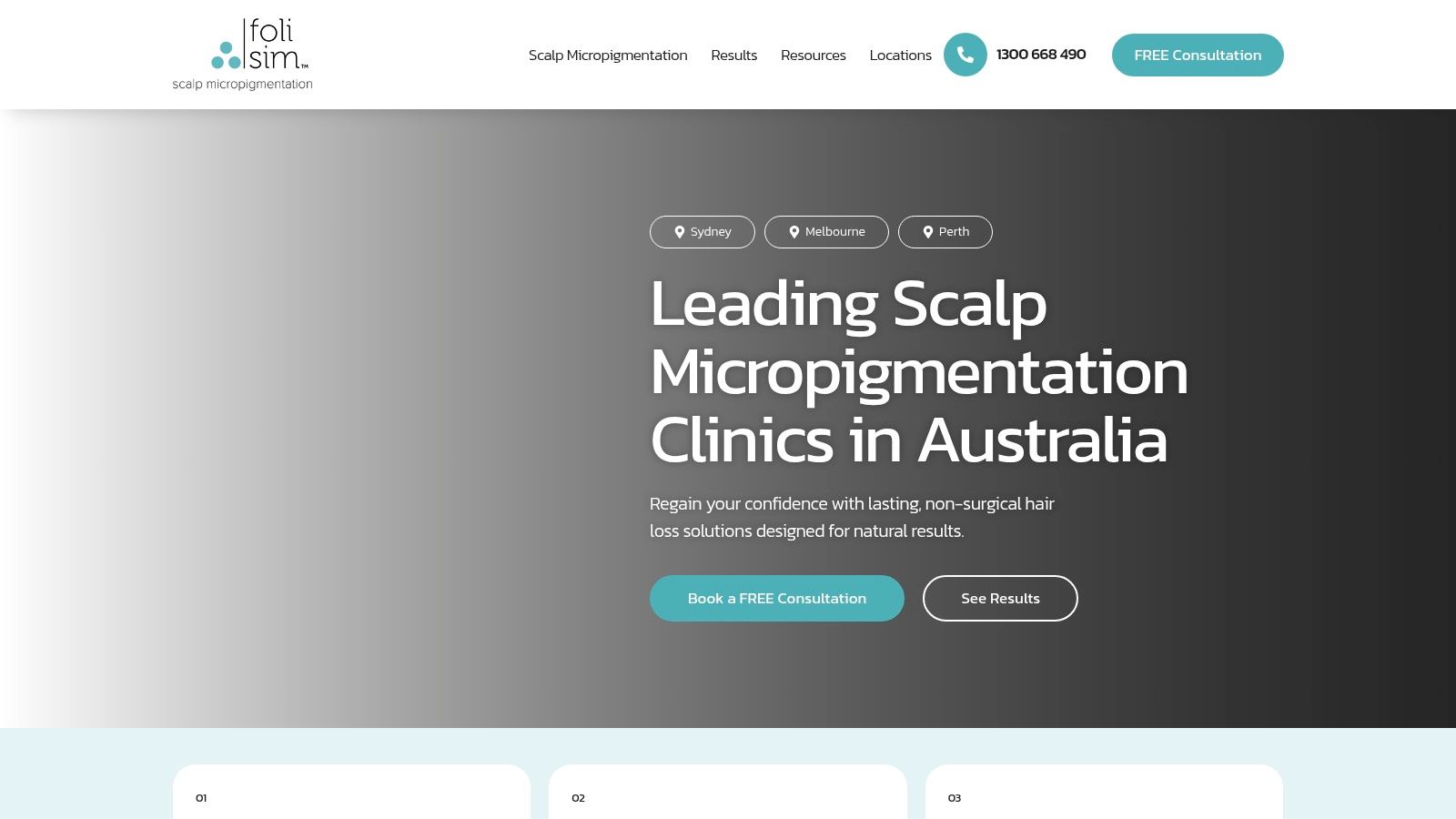 Foli Sim website header showing before and after scalp micropigmentation results