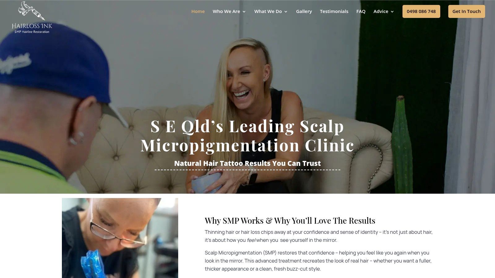 Hairloss Ink website showing scalp micropigmentation before and after results