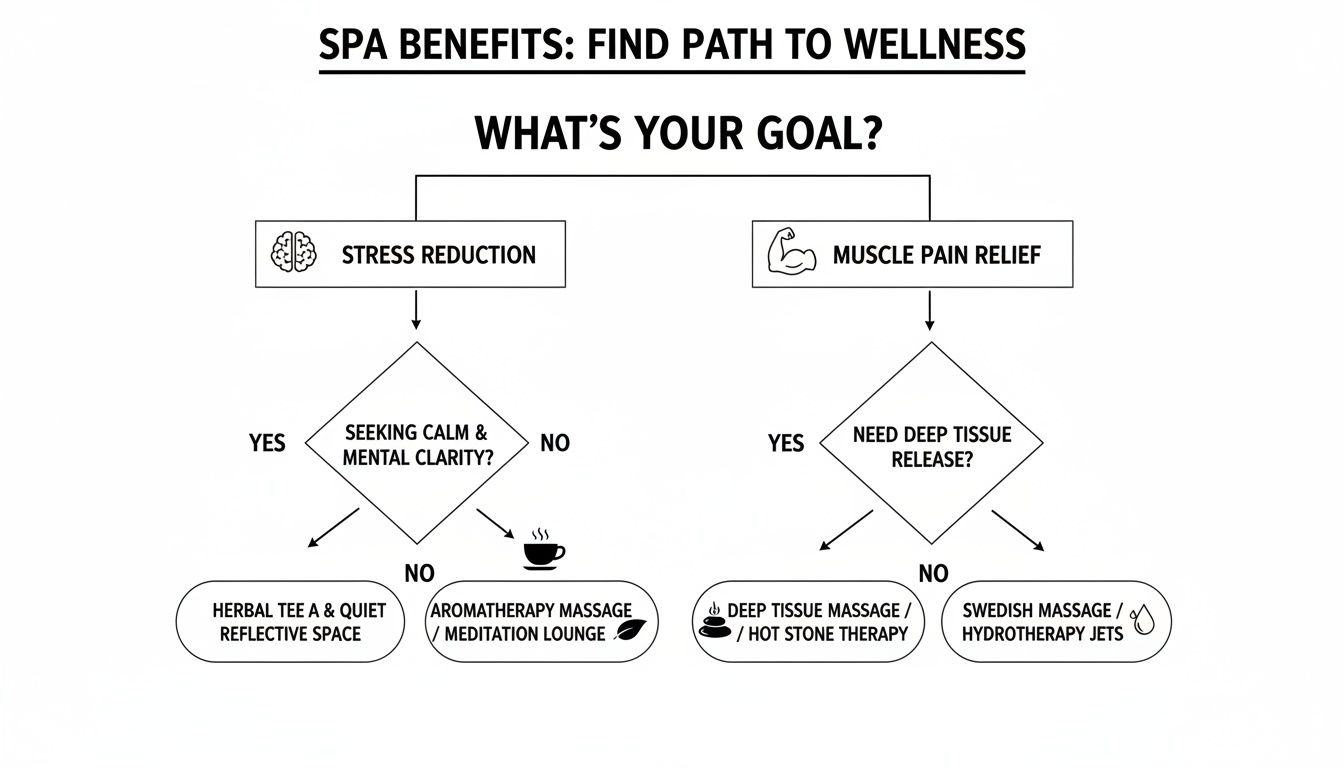 Flowchart guiding users to choose spa treatments for stress reduction or muscle pain relief.