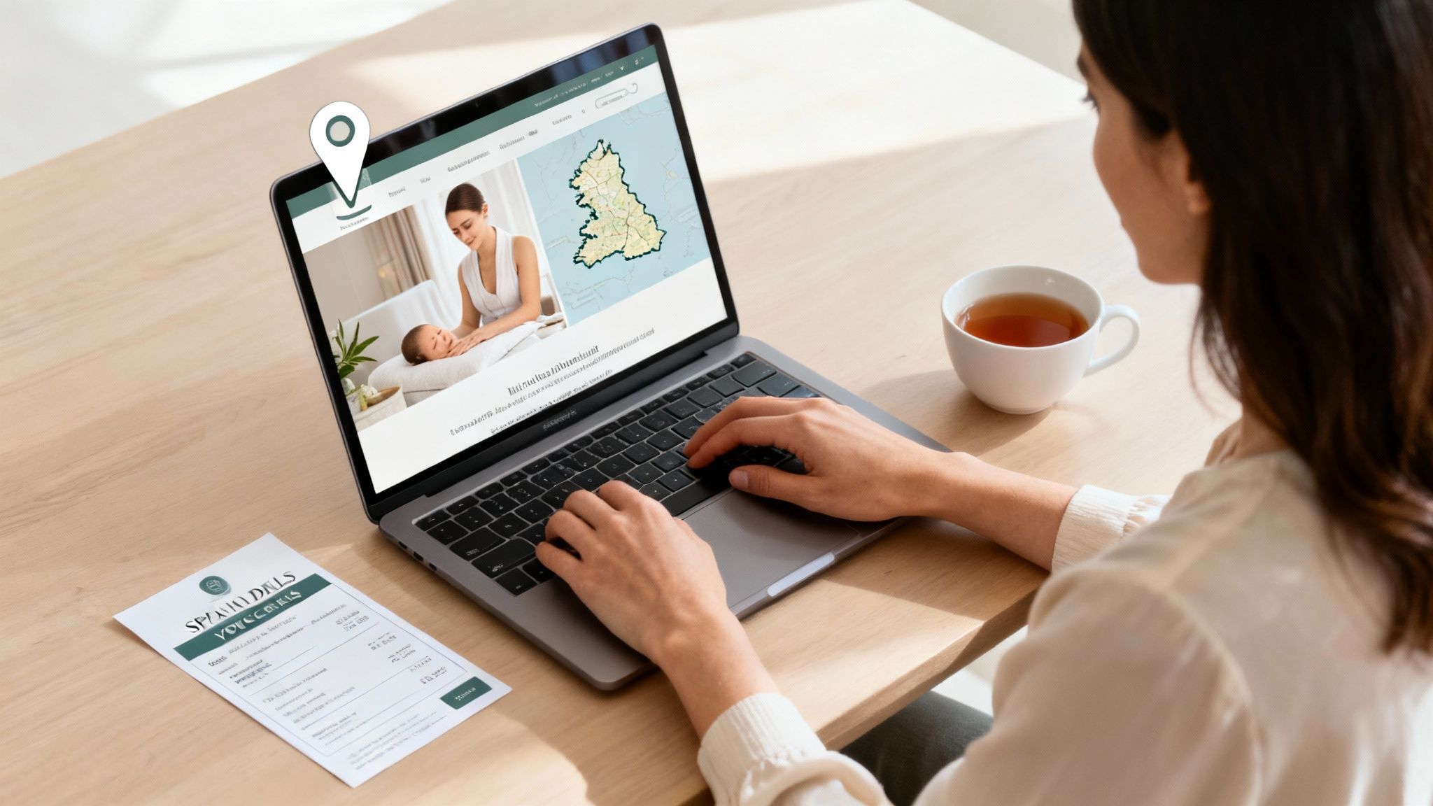 Woman browsing spa deals on a laptop, showing baby massage and a map, with tea and spa vouchers.