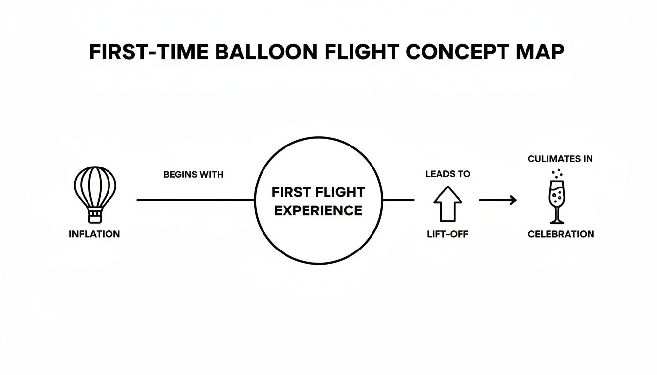 A concept map illustrates the first-time hot air balloon flight experience, showing stages from inflation to celebration.
