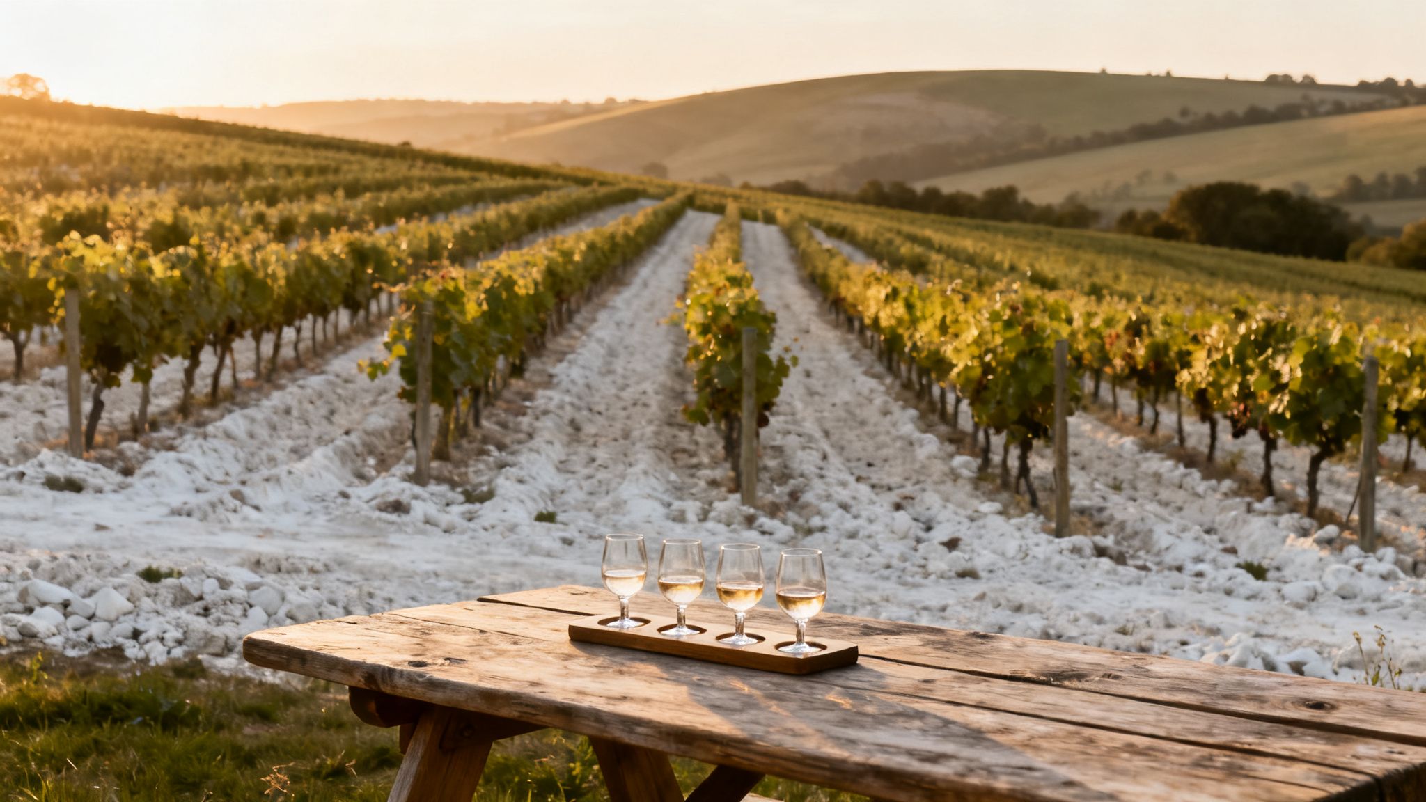 A beautiful vineyard at sunset with a wine tasting flight on a rustic wooden table.