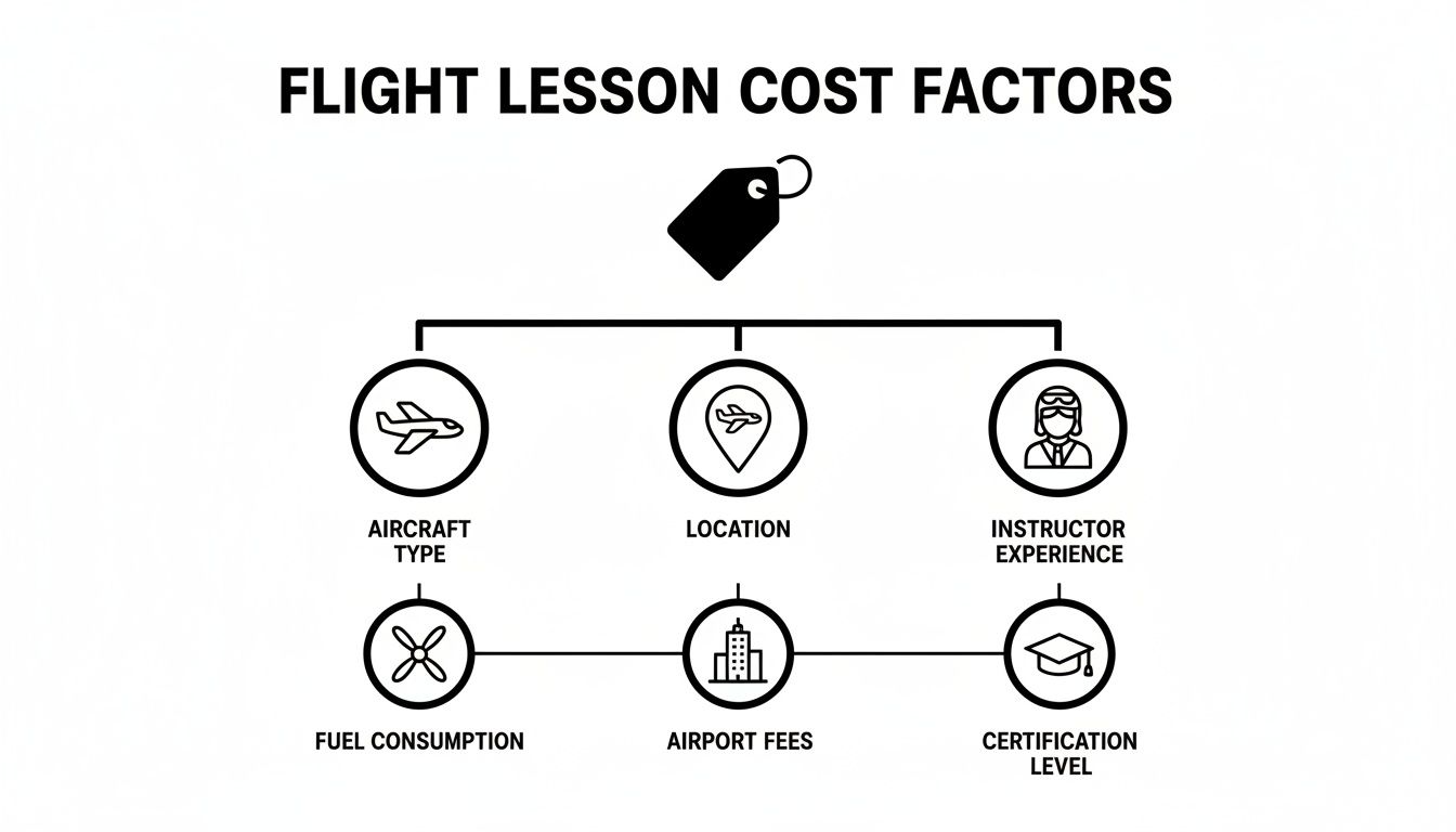A flowchart illustrating the various factors influencing flight lesson costs, including aircraft, location, and instructor experience.