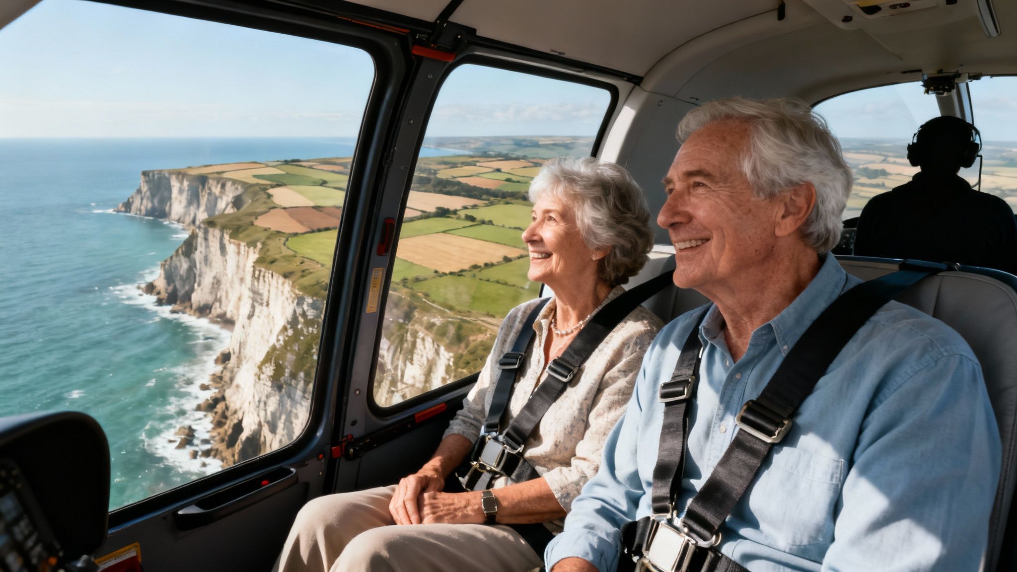 Happy senior couple in a helicopter, enjoying a scenic flight over a beautiful coastline with cliffs and fields.