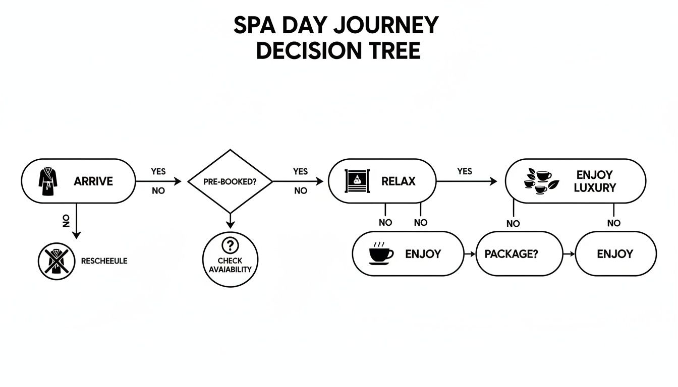 A flowchart illustrating a spa day journey decision tree, covering arrival, booking, relaxation, and luxury options.