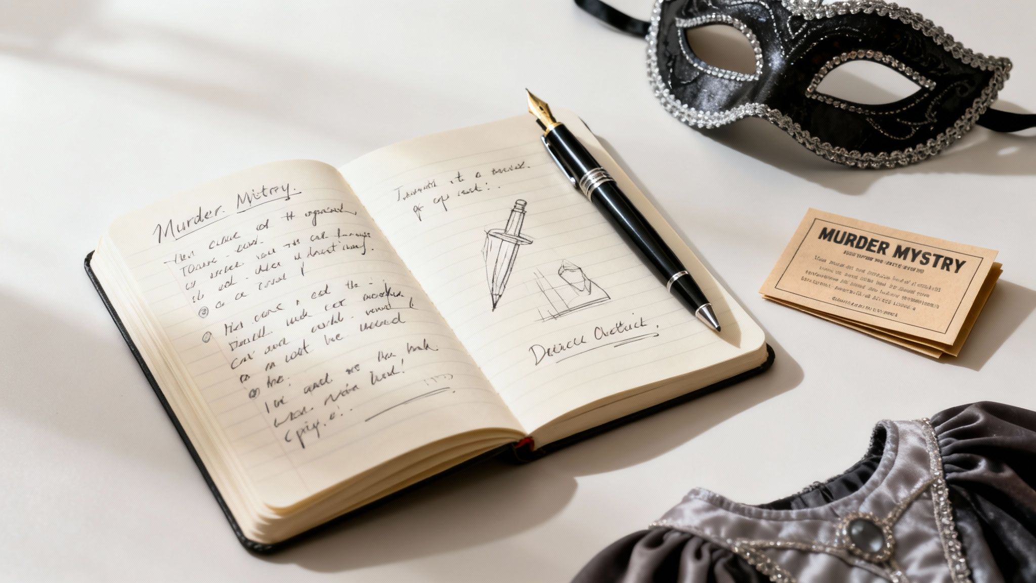 A notebook titled 'Murder Mystery' with notes and a dagger sketch, a pen, a mask, and a game card.