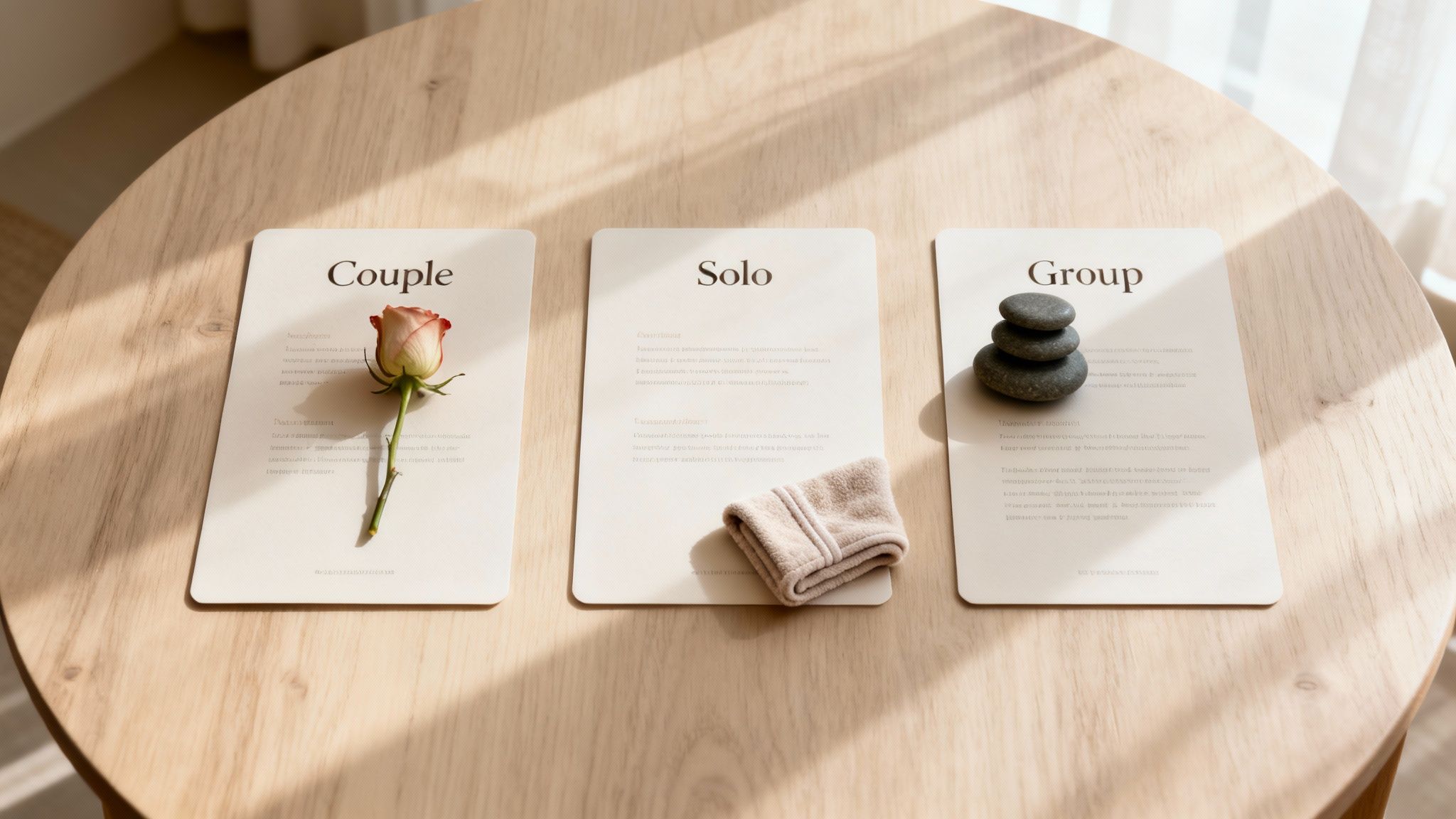 Three white cards on a wooden table, detailing spa experiences for 'Couple', 'Solo', and 'Group' with a rose, towel, and stacked stones.