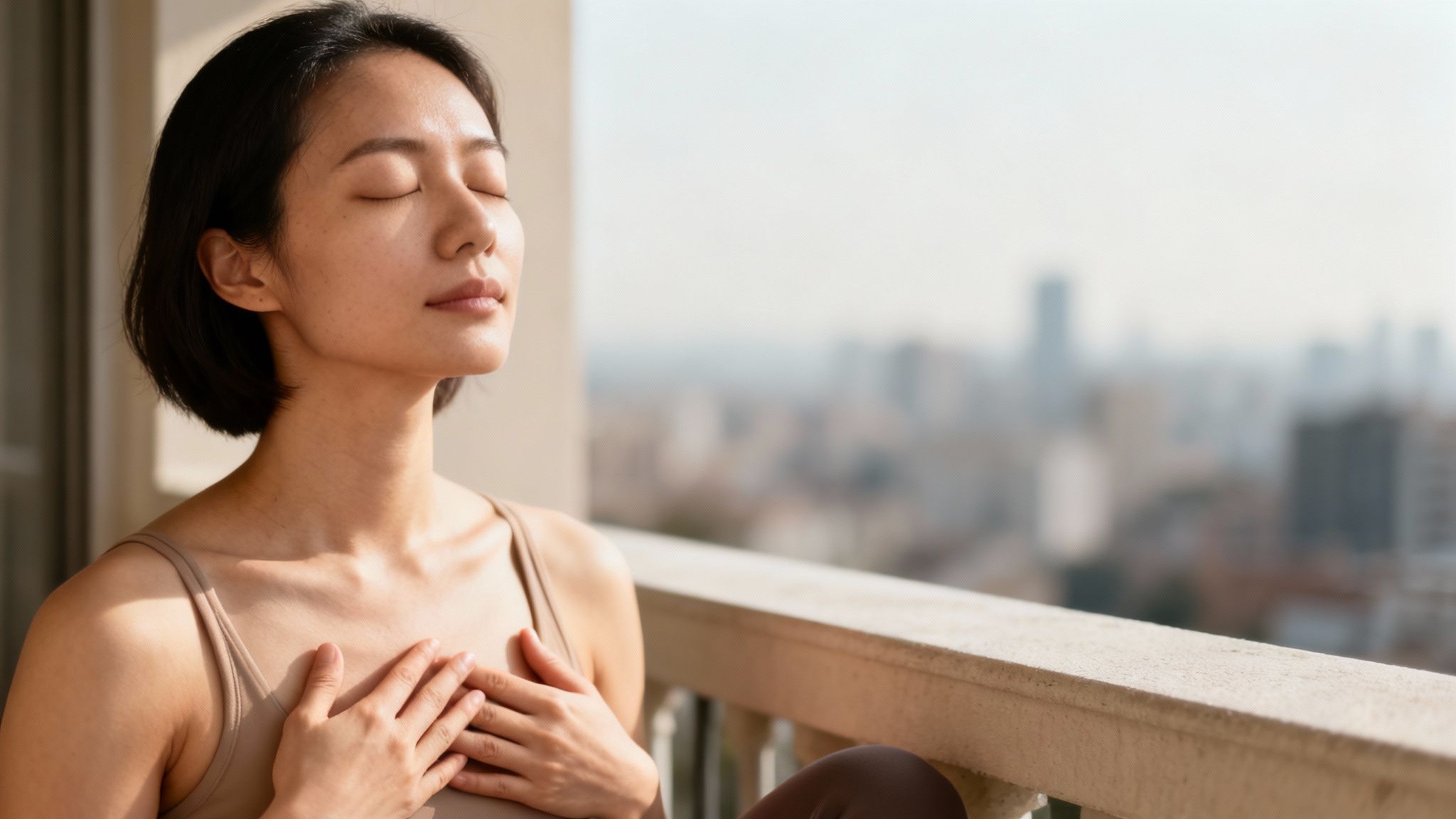 A woman meditating on a balcony with closed eyes and hands on her chest, overlooking a city.