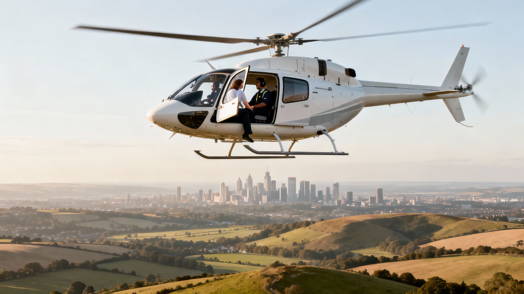 White helicopter flying over lush green hills with a city skyline in the distance.