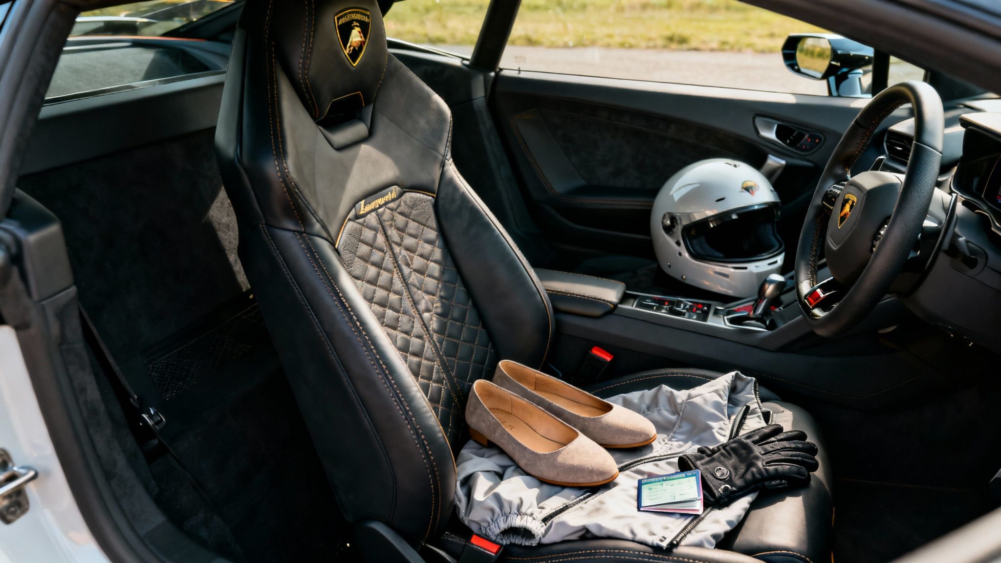 Inside a luxurious Lamborghini, a racing helmet, gloves, jacket, and elegant shoes rest on the passenger seat.