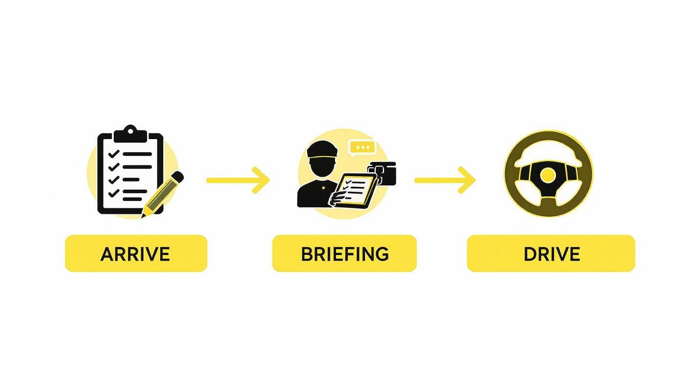 A three-step process diagram showing arrival with a checklist, briefing with an instructor, and driving with a steering wheel.