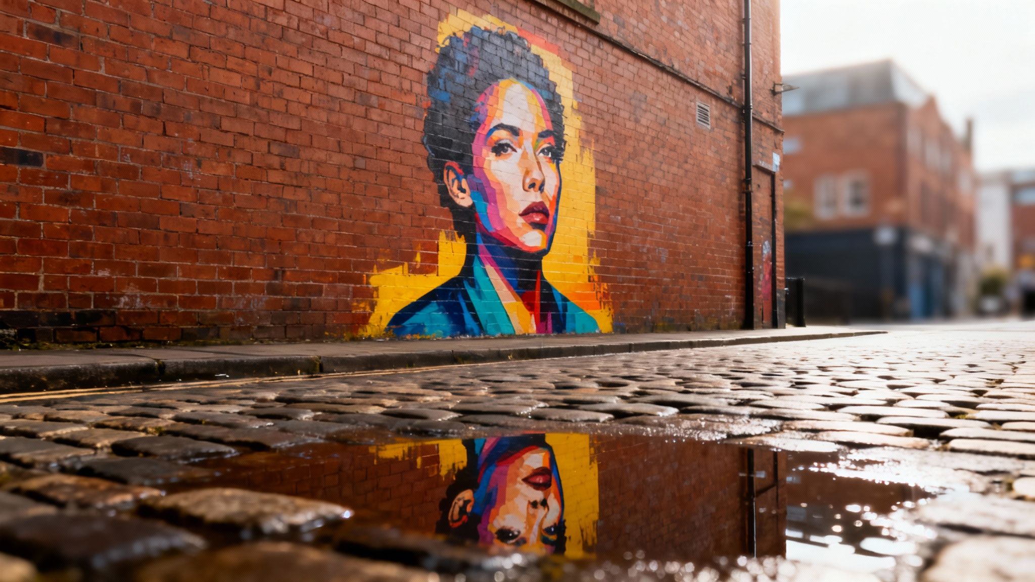Vibrant street art mural of a woman on a brick wall, reflected in a puddle on cobblestones.
