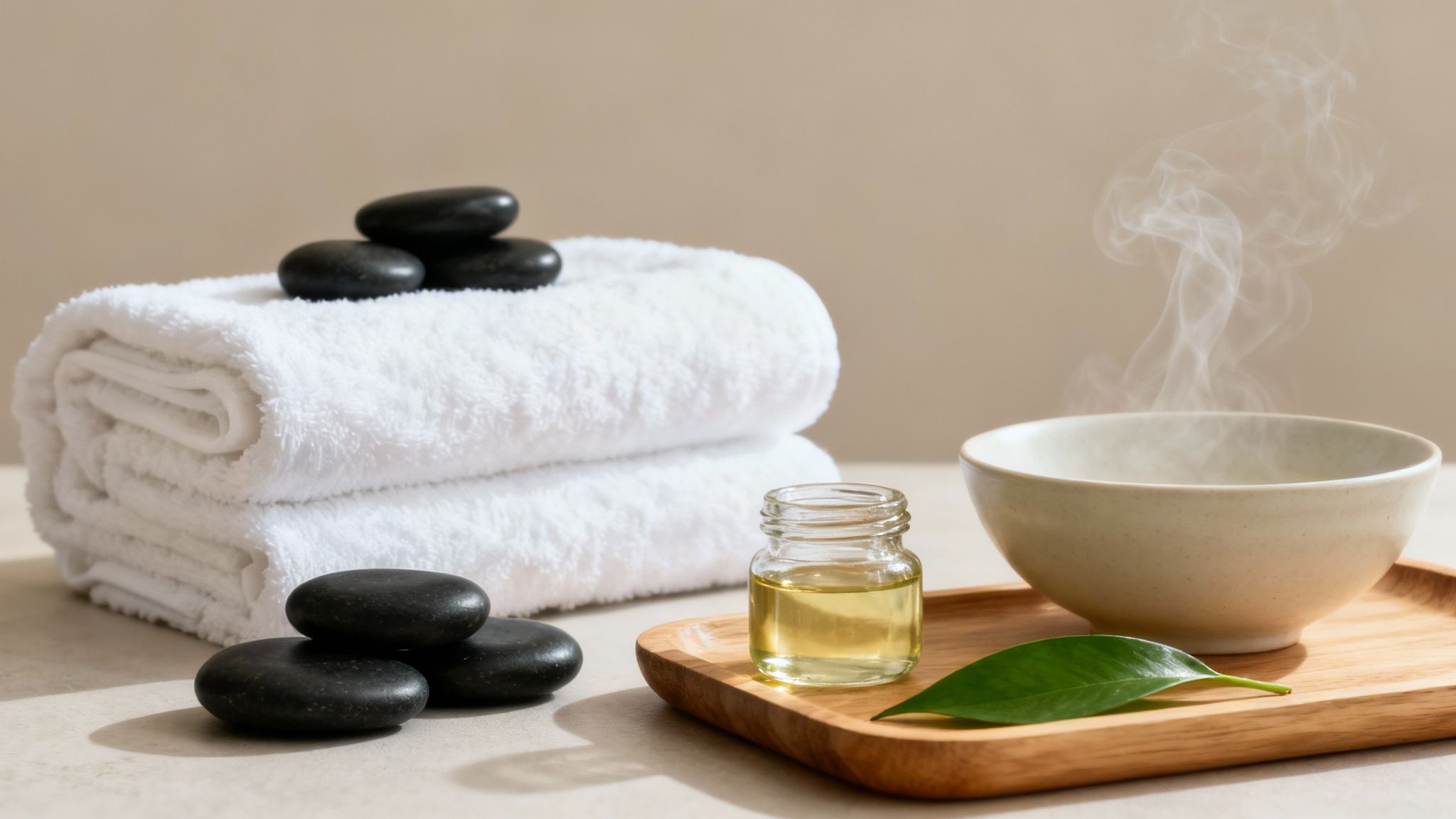 Spa setup with white towels, hot stones, essential oil, and a steaming bowl on a wooden tray.