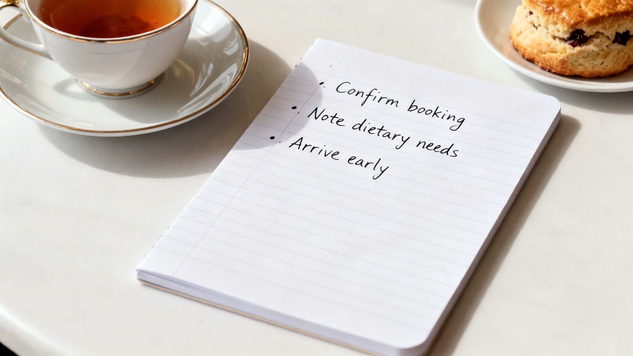 A close-up of a notebook with a to-do list, a tea cup, and a scone on a white table.