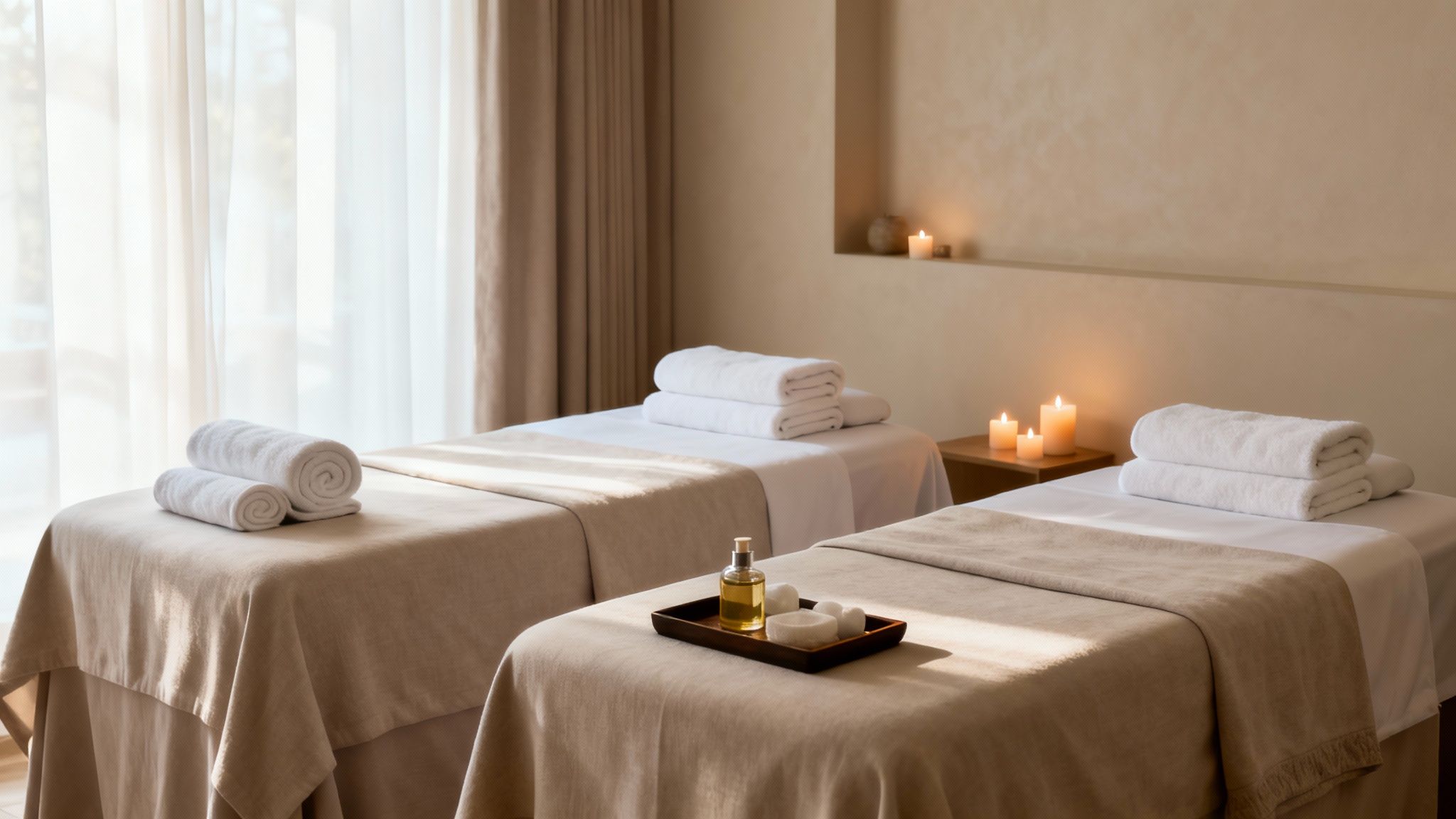 Two massage tables with fresh towels, massage oil, and lit candles in a serene spa room.