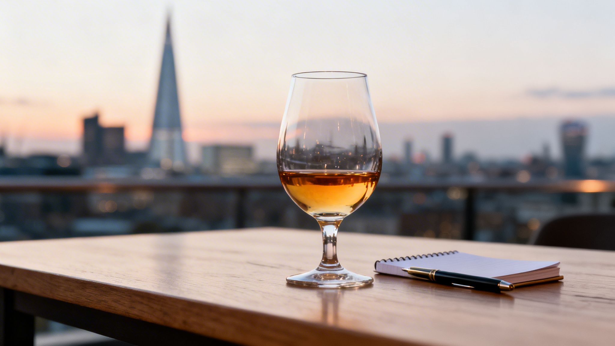 A glass of whisky and a notebook on a wooden table overlooking the London skyline at sunset.