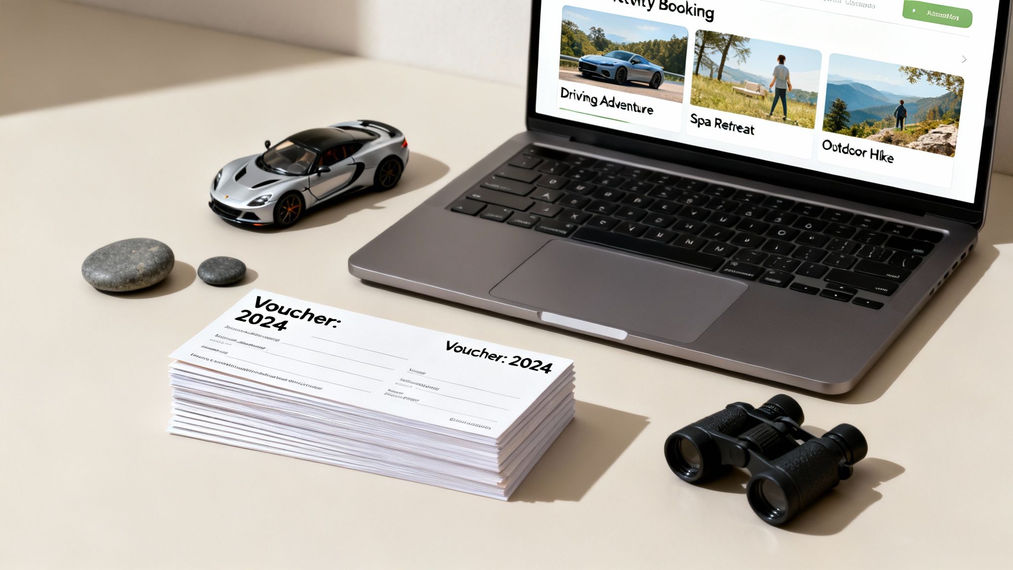 Laptop displays activity booking website, with a stack of 'Voucher: 2024' cards, toy car, and binoculars.