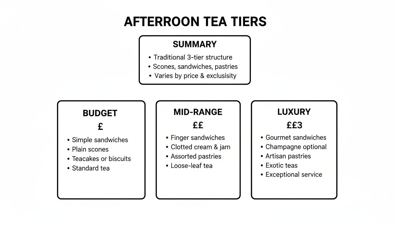 Infographic detailing different afternoon tea tiers, from Budget to Luxury, and their offerings.