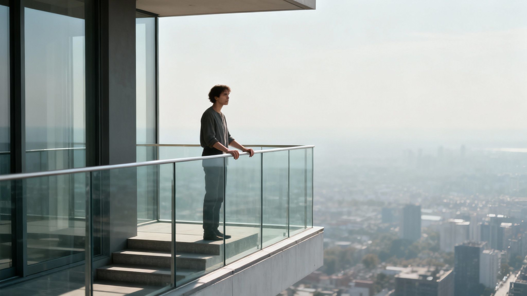 Young man standing on high-rise balcony overlooking city, confronting fear of heights