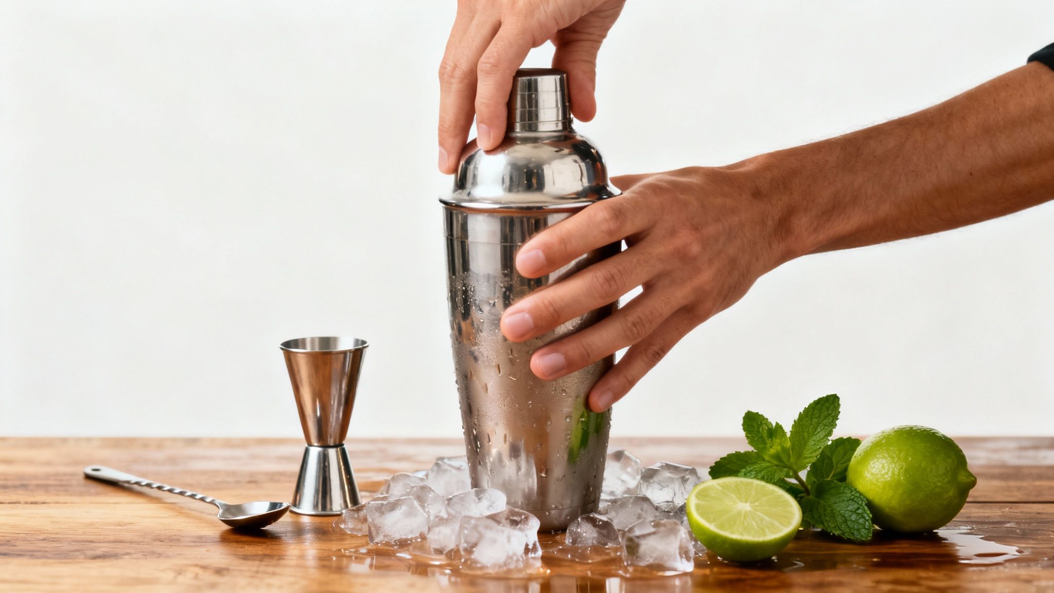 Hands closing a wet cocktail shaker surrounded by ice, limes, and mint on a wooden table.