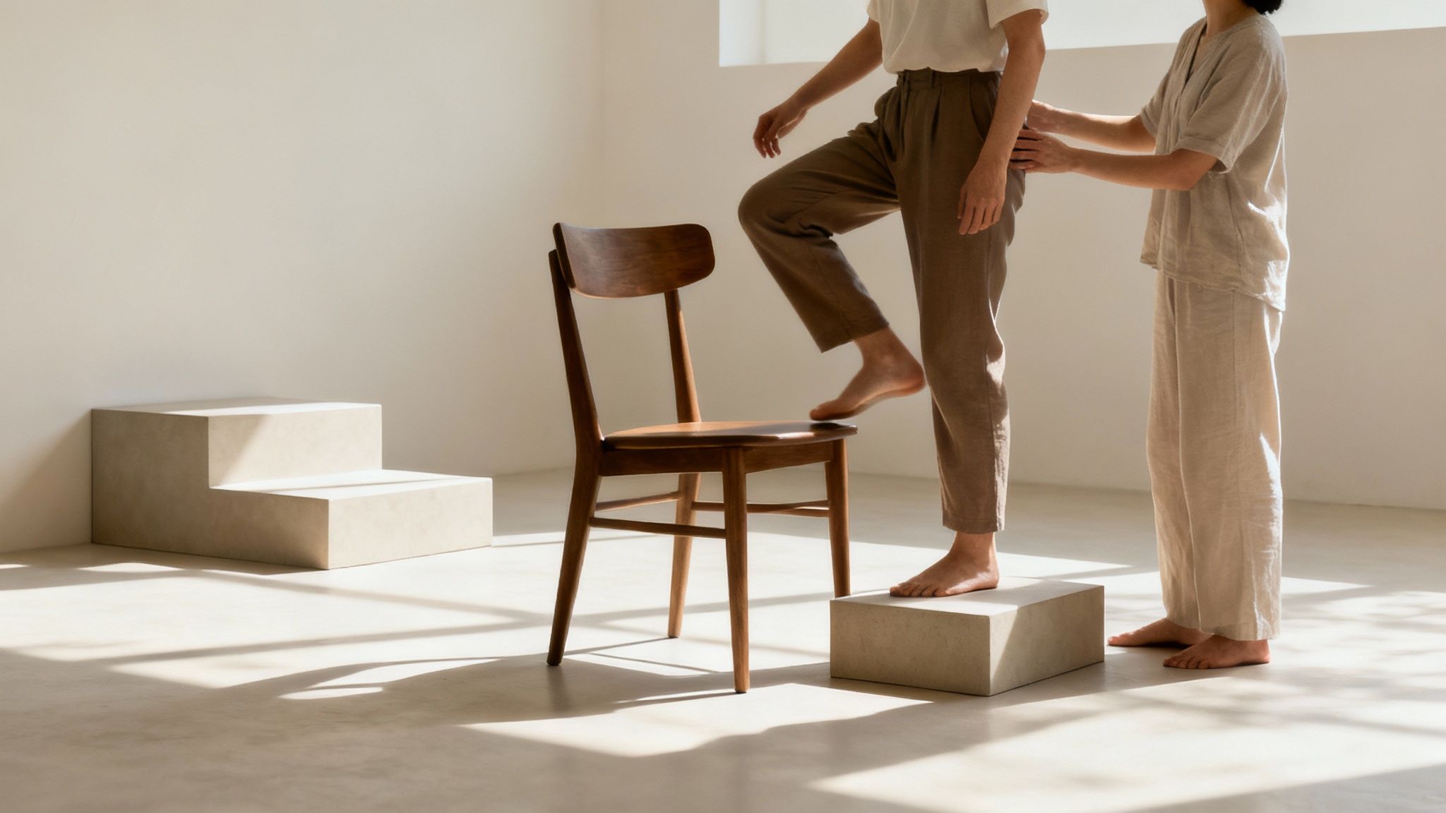 Person practicing exposure therapy stepping onto chair with support from therapist to overcome fear of heights