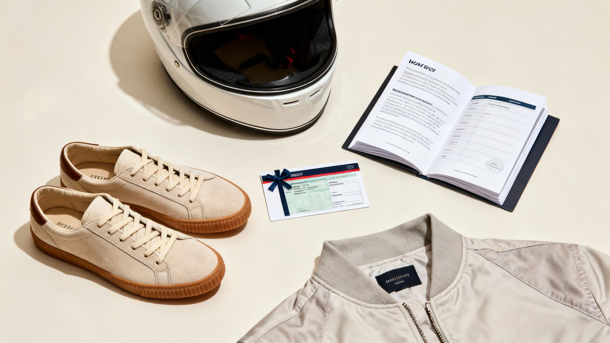 A top-down view of lifestyle essentials: a white helmet, beige sneakers, bomber jacket, notebook, and gift card.