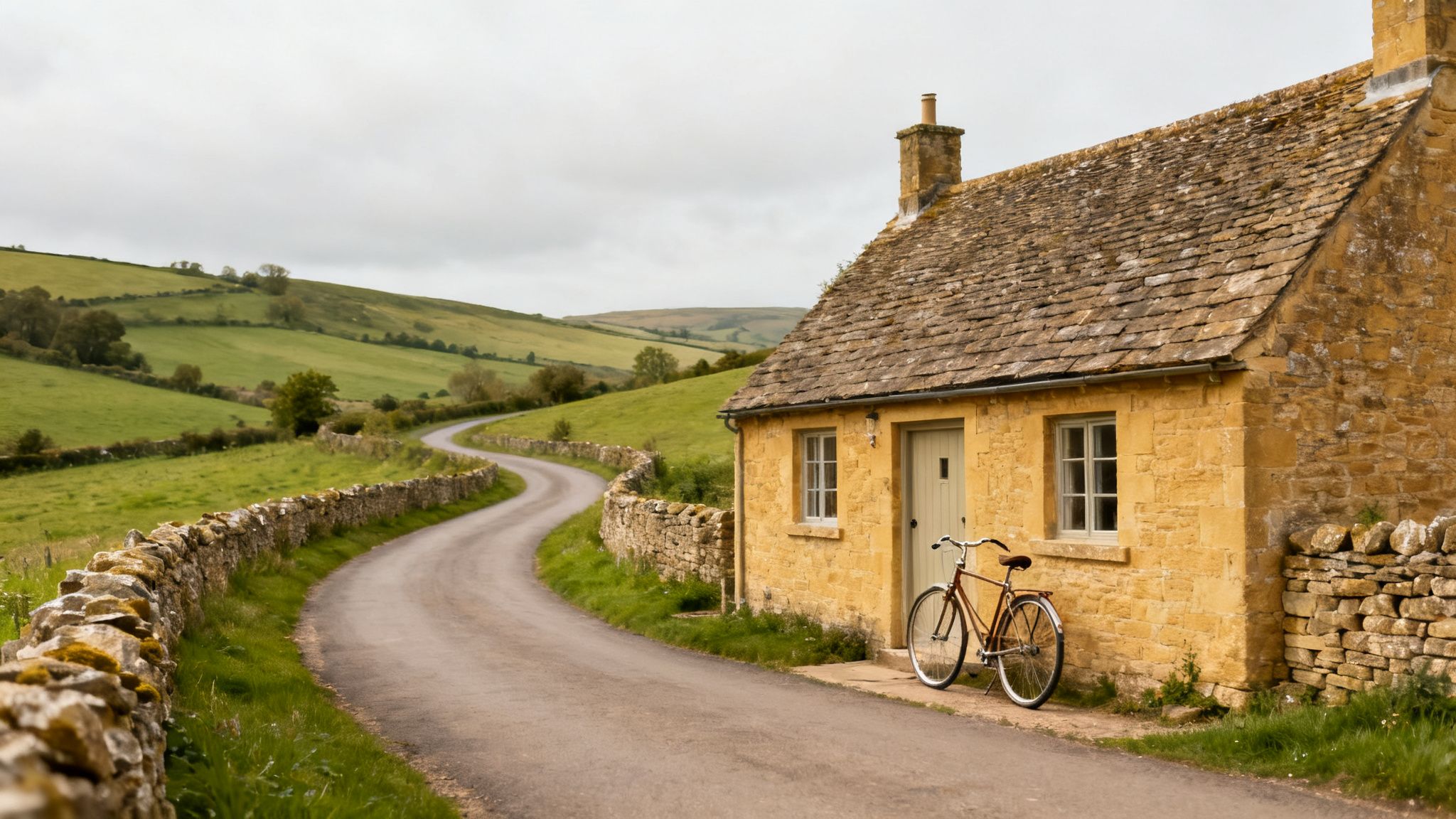 A charming yellow stone cottage with a bicycle, by a winding country road and green hills.