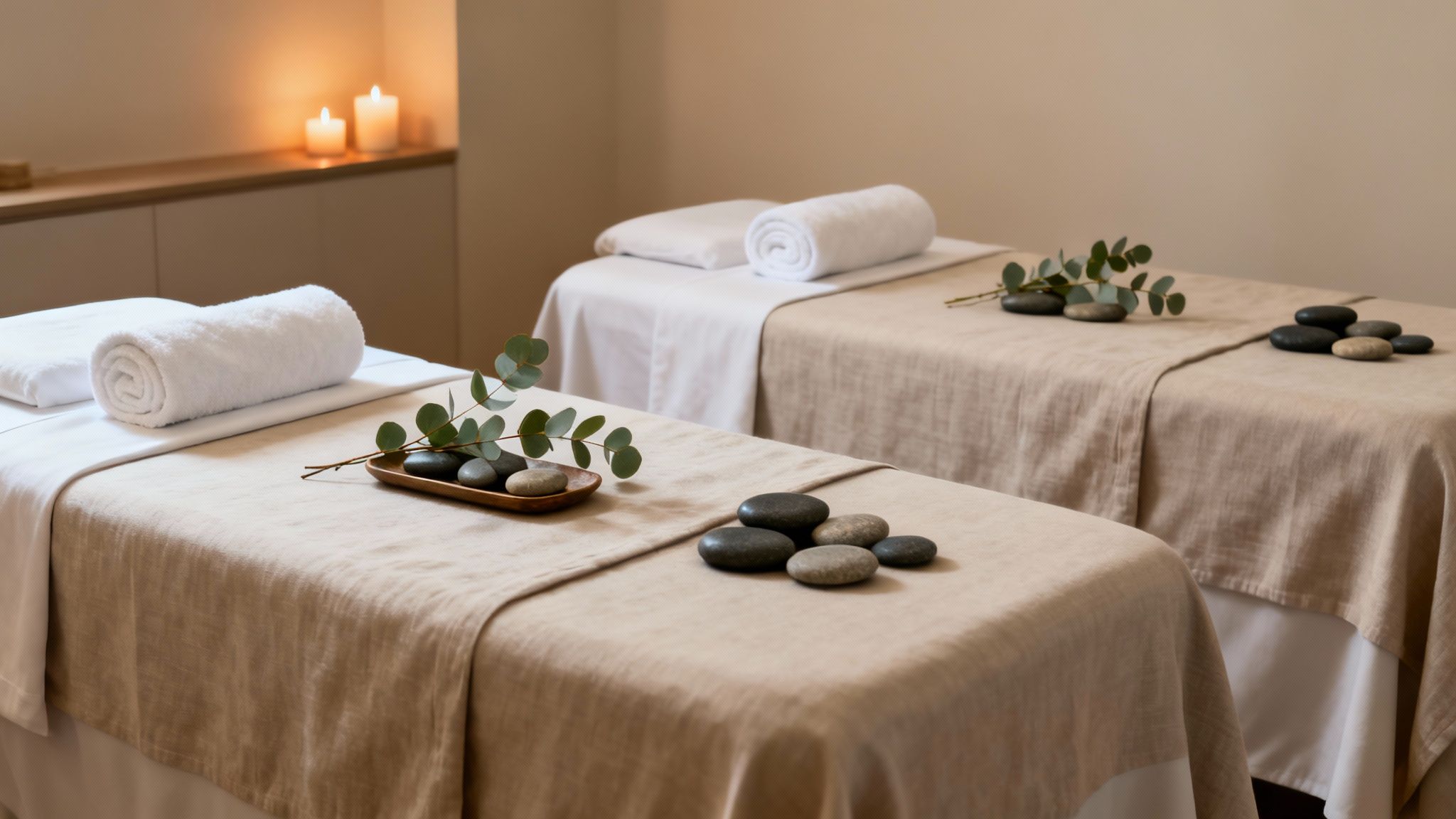 Two serene spa massage beds with towels, eucalyptus, hot stones, and warm candles creating a relaxing ambiance.